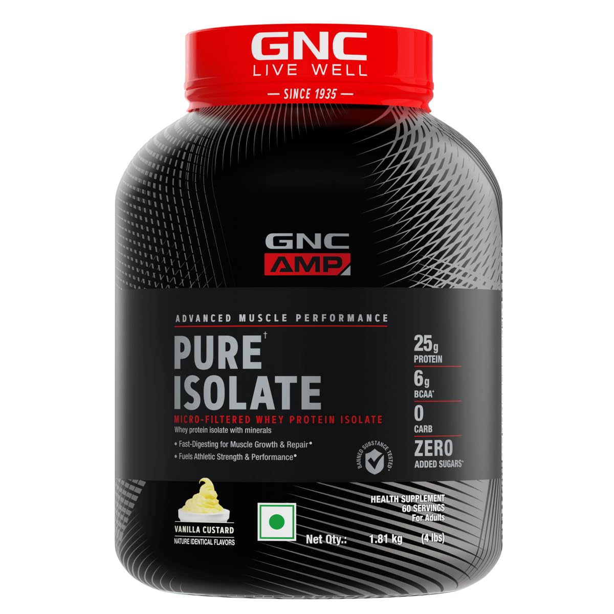 GNC AMP Pure Isolate Low Carb | Boosts Athletic Performance | Builds Lean Muscles | Speeds Up Recovery | Increases Strength | USA Formulated | 25g Protein | 6g BCAA | 4 lbs