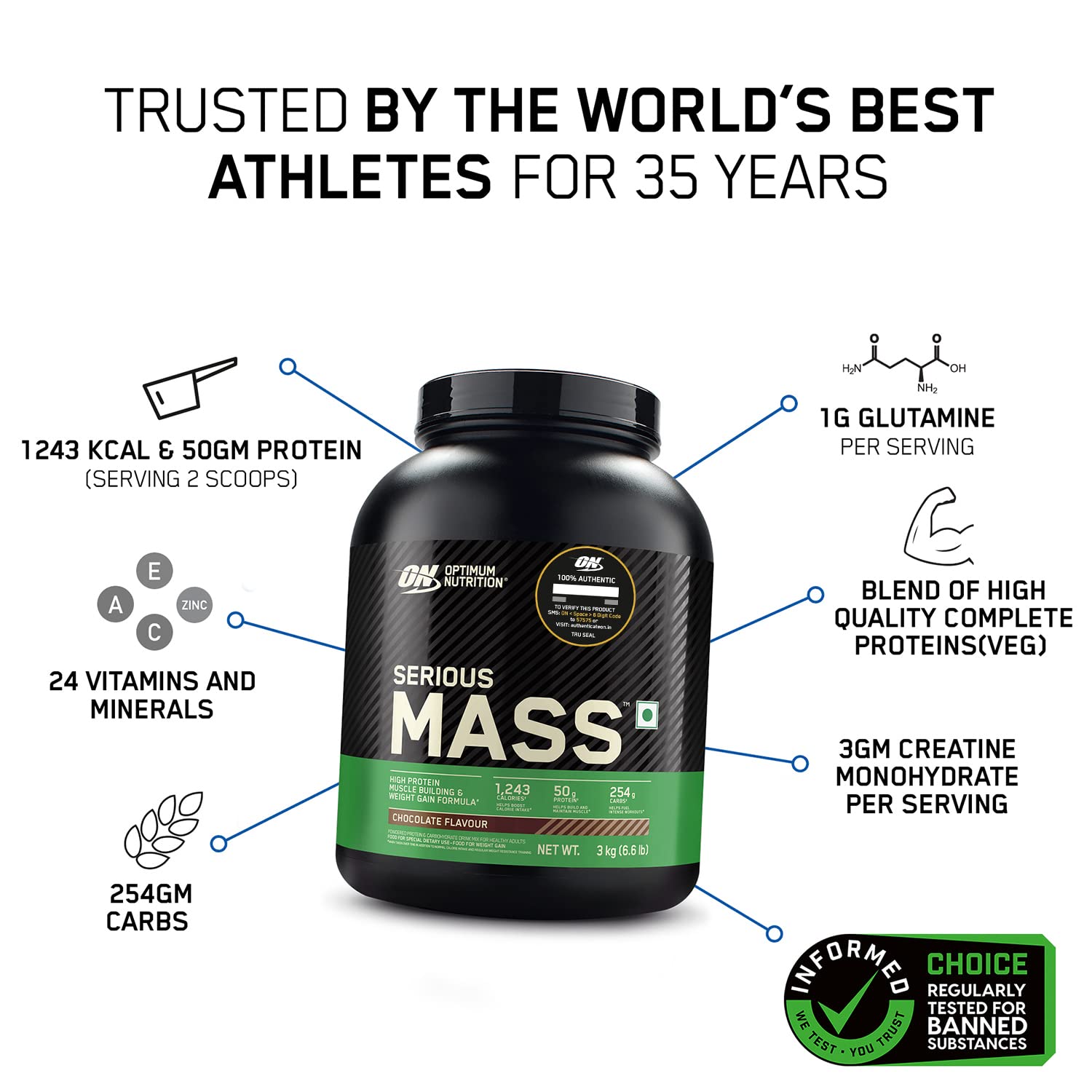 OPTIMUM NUTRITION (ON) Serious Mass Gainer powder (Veg) (Chocolate), Vitamins & Minerals, High Protein High Calorie Weight Gainer with 3gm Creatine