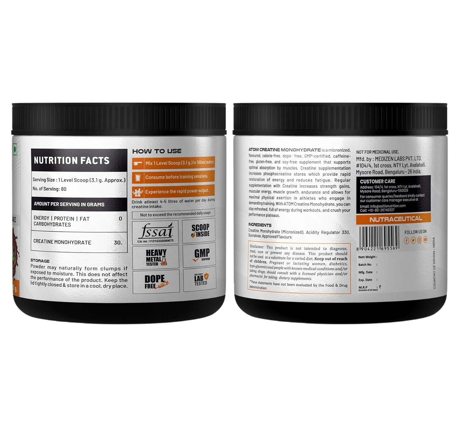 AS-IT-IS ATOM Creatine Monohydrate Dope Free | Enhances Performance | Promotes Muscle Gains