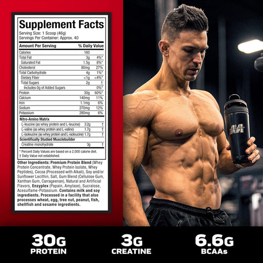 MuscleTech Nitro-Tech Whey Protein, 1.81kg (4lbs), Milk Chocolate, 30g Protein, 3g creatine monohydrate, 6.7g BCAA, ultimate muscle building formula, increase strength & performance