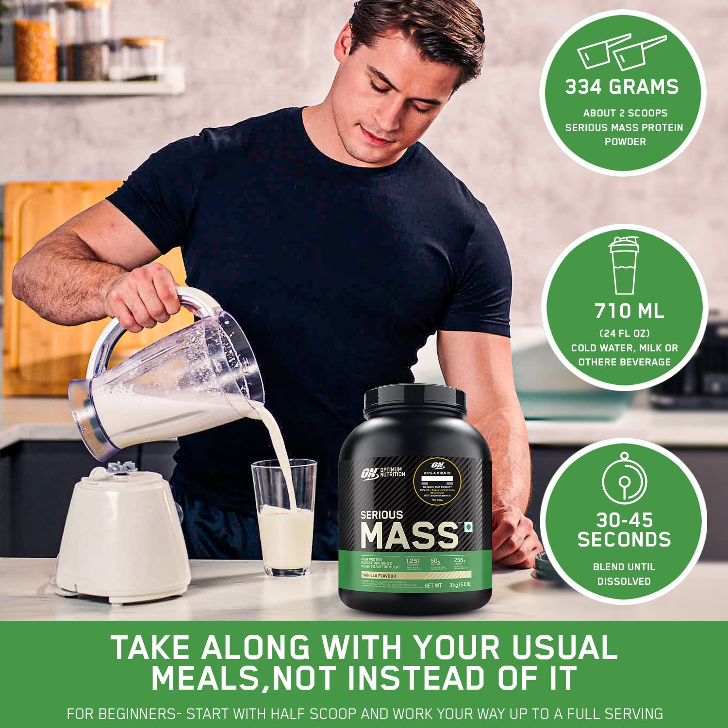 OPTIMUM NUTRITION (ON) Serious Mass Gainer powder (Veg) (Chocolate), Vitamins & Minerals, High Protein High Calorie Weight Gainer with 3gm Creatine