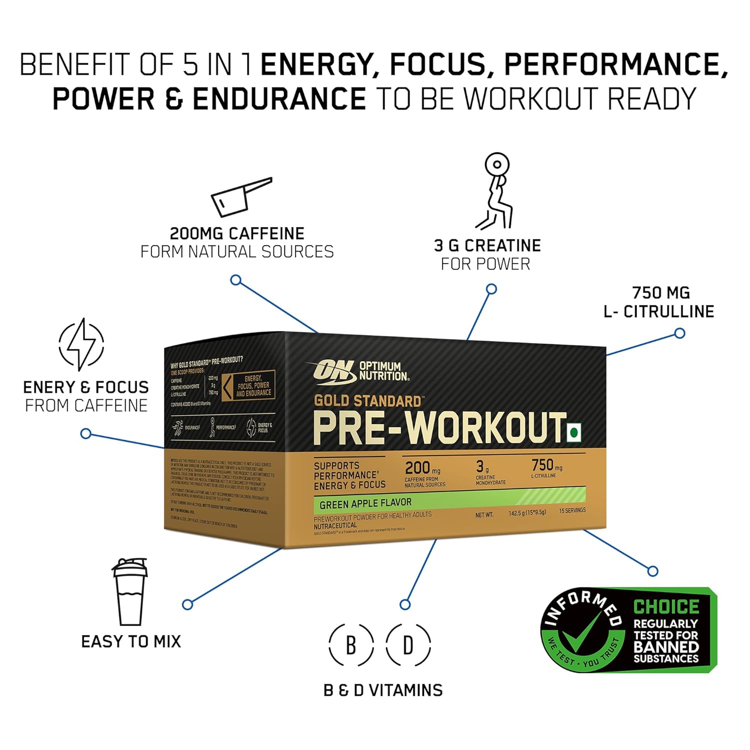 Optimum Nutrition (ON) Gold Standard Pre-Workout- 142.5g/15 single serve packs For Energy, Focus, Power, Endurance & Performance