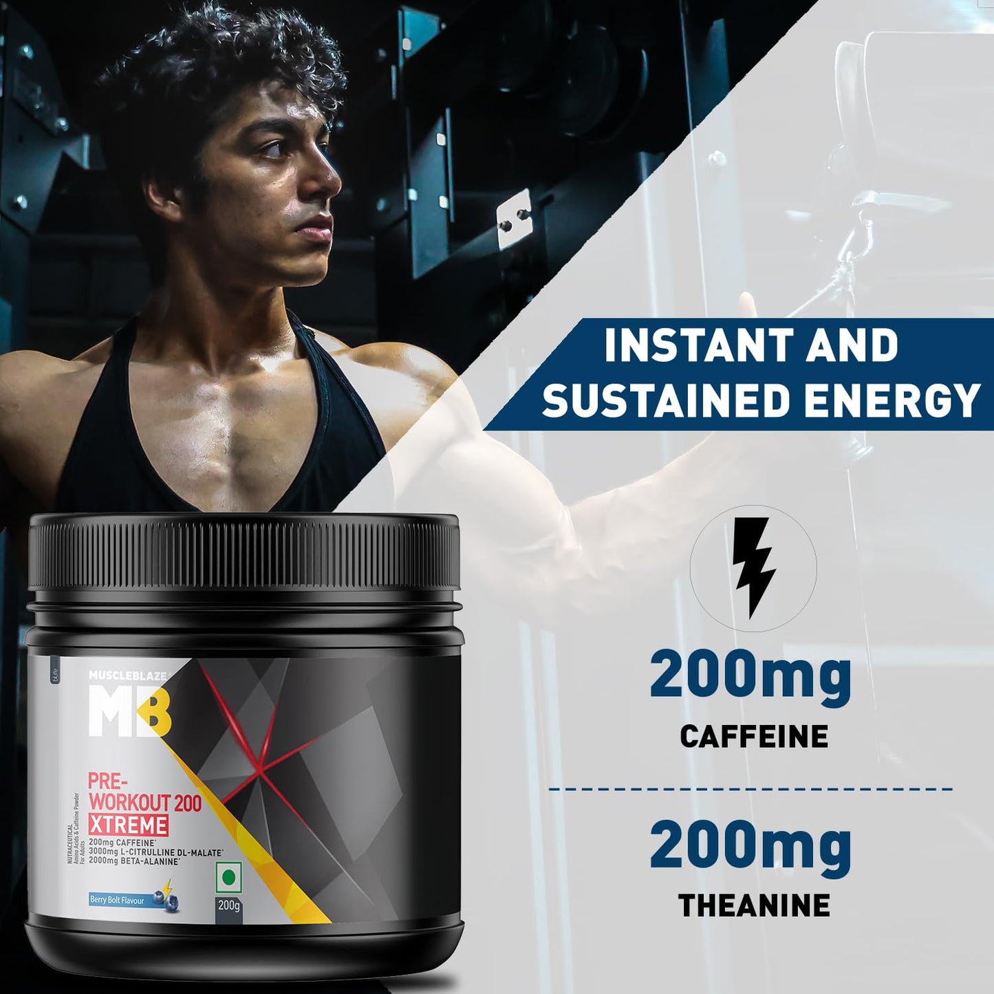 MuscleBlaze Pre Workout 200 Xtreme (30 Servings, 200g) | 200mg Caffeine, 200mg Theanine, 2000mg Beta Alanine, 3000mg Citrulline