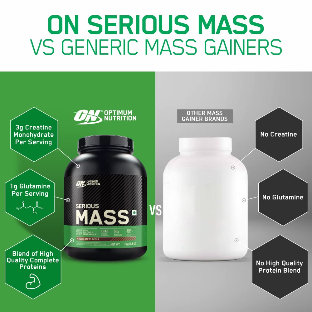 OPTIMUM NUTRITION (ON) Serious Mass Gainer powder (Veg) (Chocolate), Vitamins & Minerals, High Protein High Calorie Weight Gainer with 3gm Creatine
