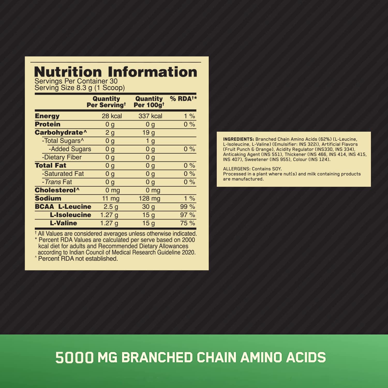 Optimum Nutrition BCAA, 5g BCAAs in 2:1:1 Ratio, 30 servings, For Muscle Recovery & Endurance, Intra workout, Informed Choice certified 250gm