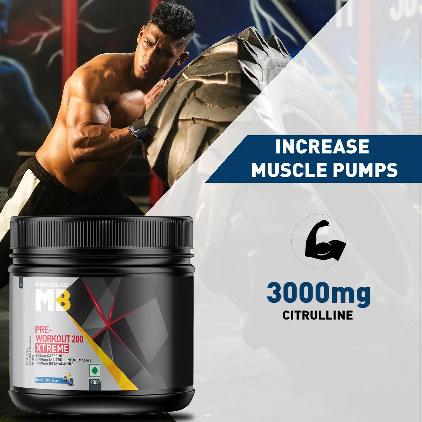 MuscleBlaze Pre Workout 200 Xtreme (30 Servings, 200g) | 200mg Caffeine, 200mg Theanine, 2000mg Beta Alanine, 3000mg Citrulline