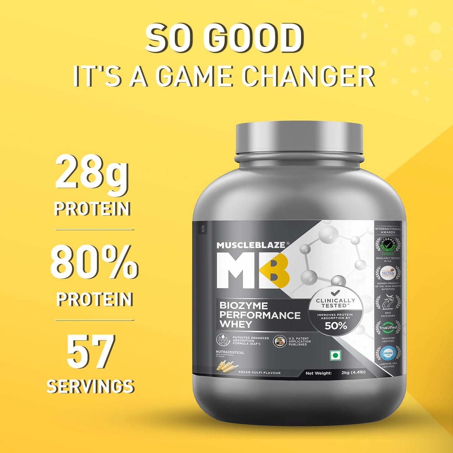 MuscleBlaze Biozyme Performance Whey Protein (Kesar Kulfi, 2kg/4.4lbs) | 28g Protein, Isolate & Concentrate Blend, Clinically Tested 50% Higher Protein Absorption | Informed Choice UK & Labdoor USA Certified