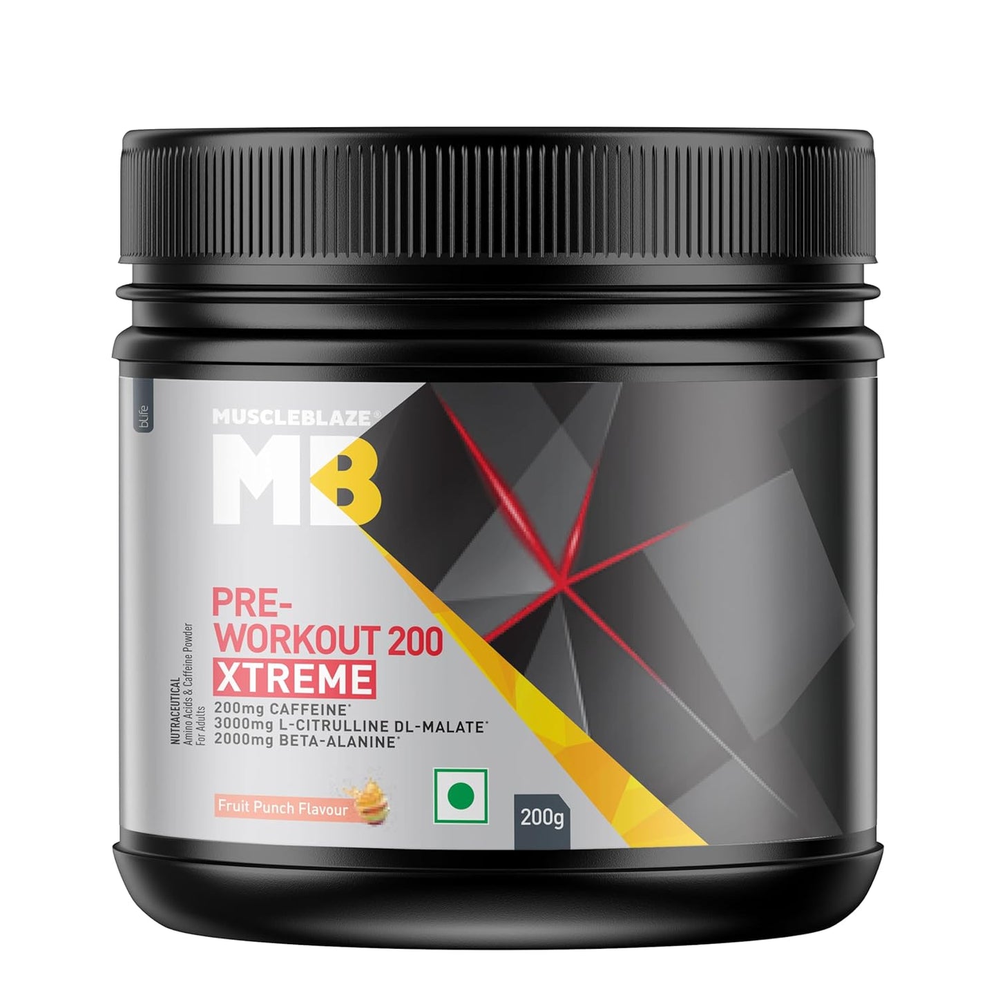 MuscleBlaze Pre Workout 200 Xtreme (30 Servings, 200g) | 200mg Caffeine, 200mg Theanine, 2000mg Beta Alanine, 3000mg Citrulline