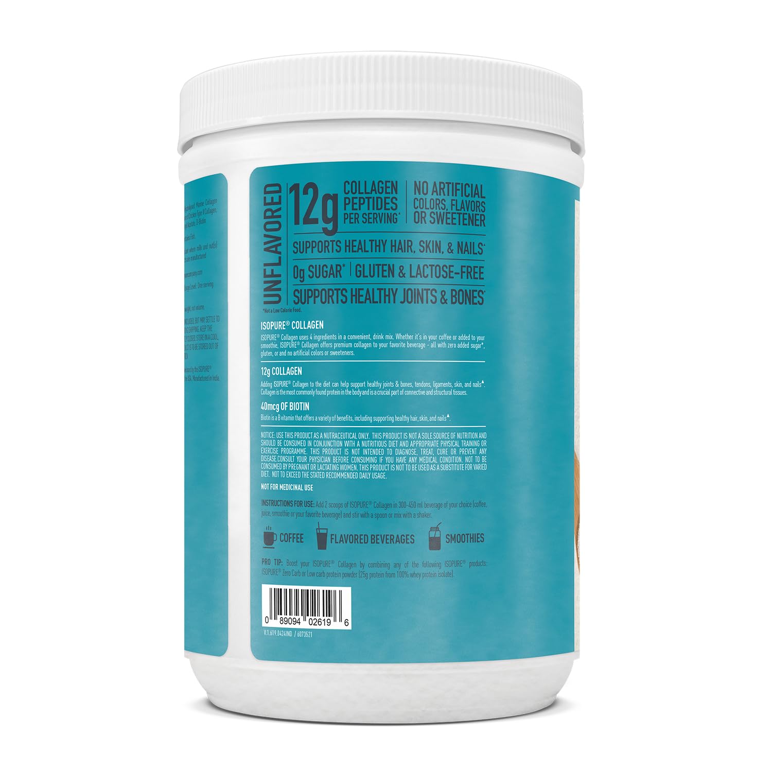 Isopure Collagen Peptides (12g/serve)- 250g (Unflavored) with Biotin & Vit E(100% RDA), For healthy Skin, Hair, Nails, Joints, & Bones.