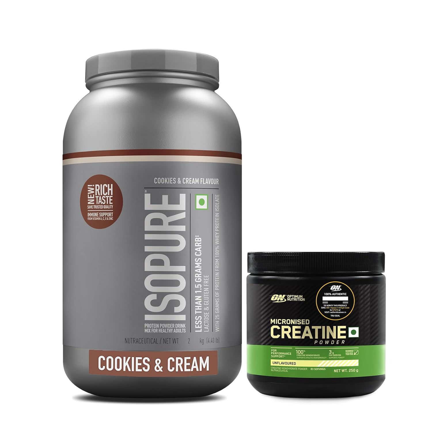 ISOPURE [Whey Protein Isolate Powder, 4.40 lbs/2 Kg  Low carbs, Lactose-Free Vegetarian protein for Men & Women] with FREE Optimum Nutrition Micronised Creatine Powder, 250g