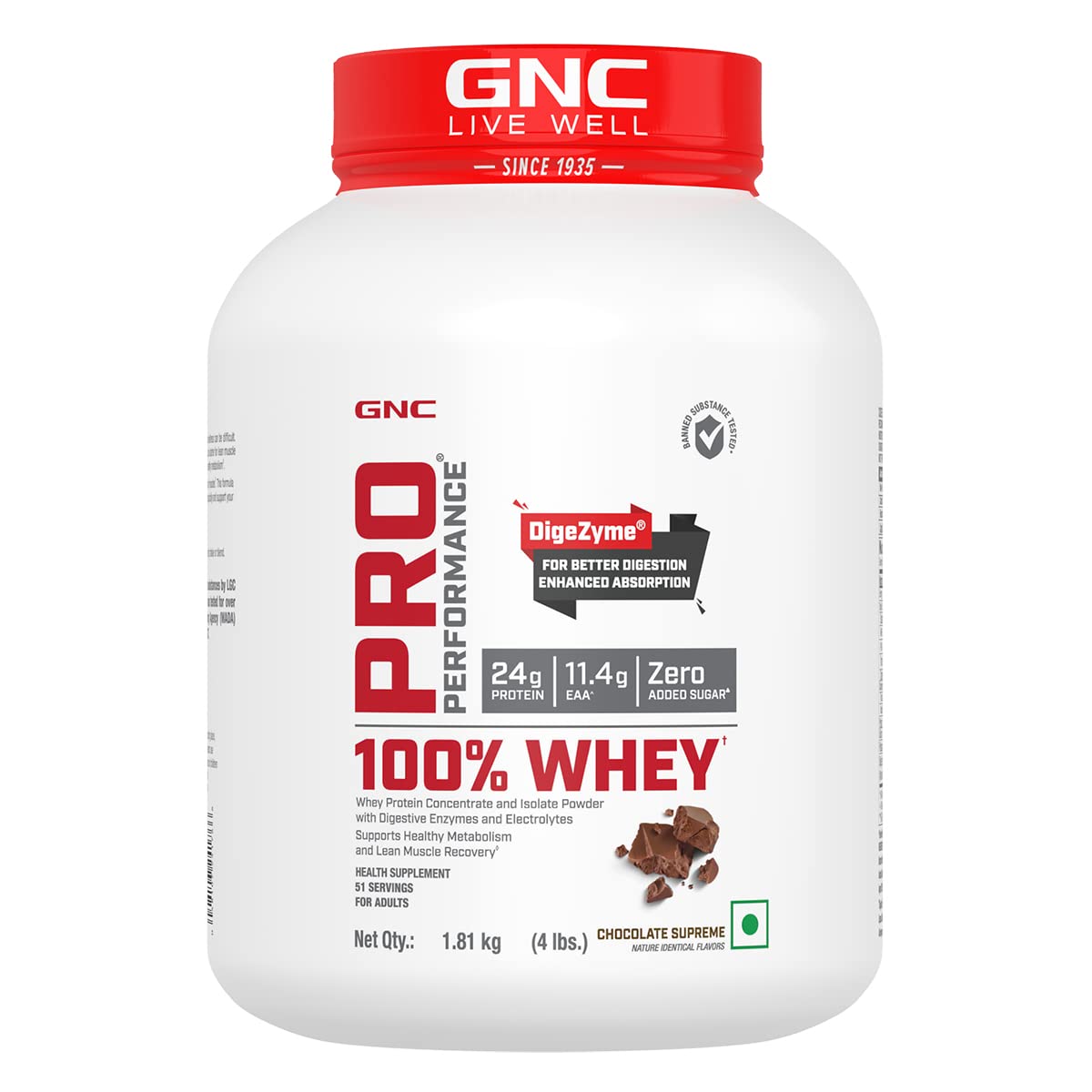 GNC Pro Performance 100% Whey Protein Powder | Boosts Strength & Endurance | Builds Lean Muscles | Fastens Muscle Recovery | Formulated In USA | 24g Protein | 5.5g BCAA | 4 lbs