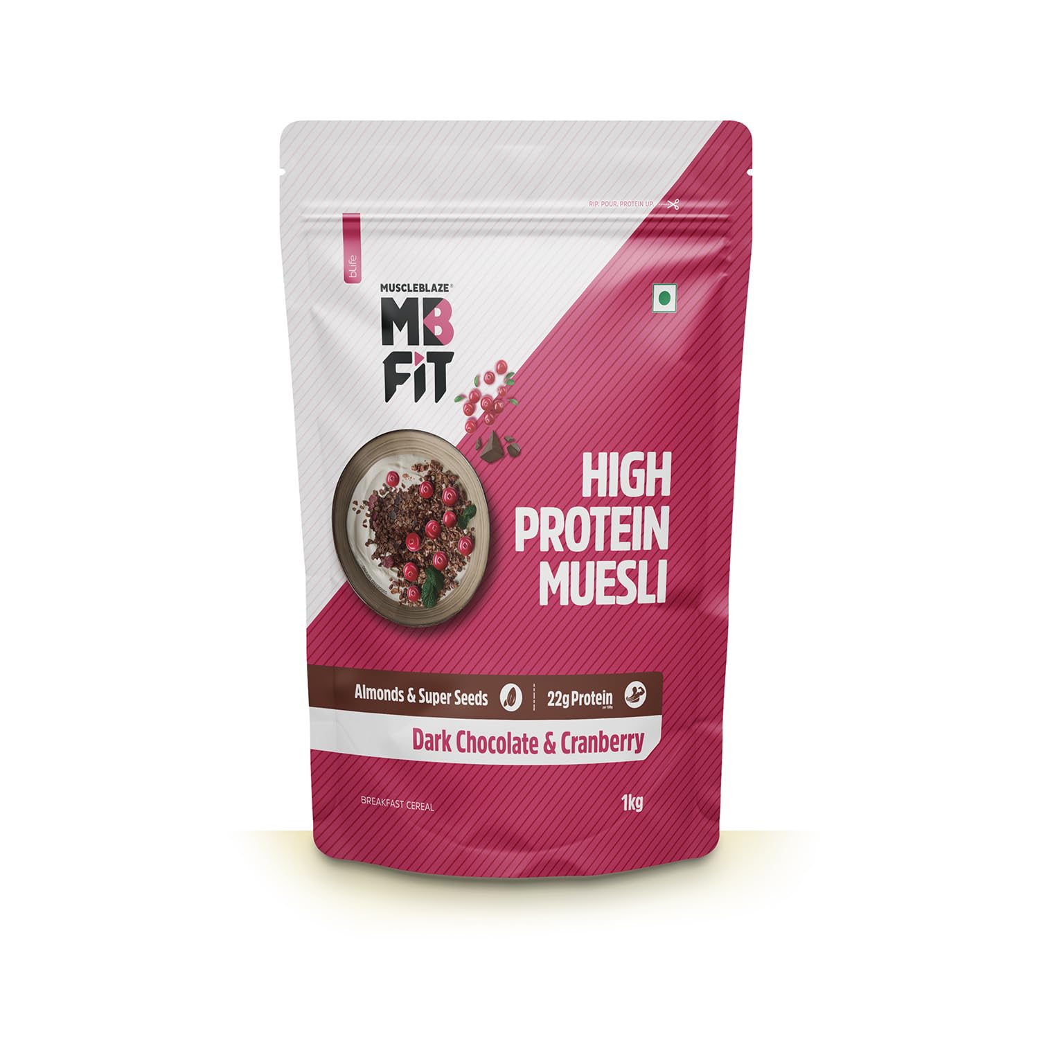 MuscleBlaze Fit High Protein Muesli 1 kg,  22 g Protein, Almonds & Super Seeds, Protein Breakfast Cereals