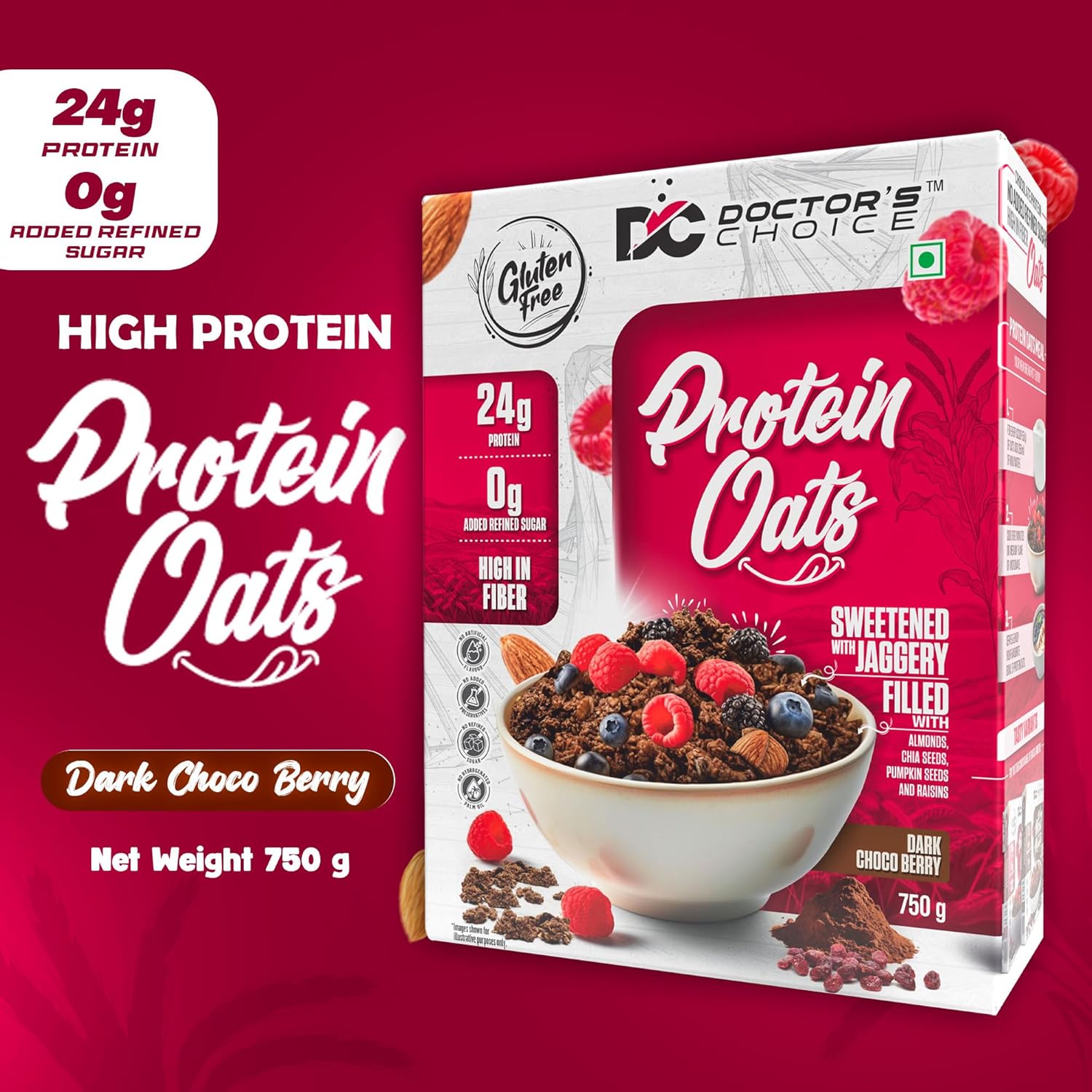 DOCTORS CHOICE Oats, High Protein Oats, 24g Pure Protein Breakfast Cereals, Jaggery Sweetened, Rich in Fiber, No Additives and 0g Sugar. (750g, Dark Choco Berry)