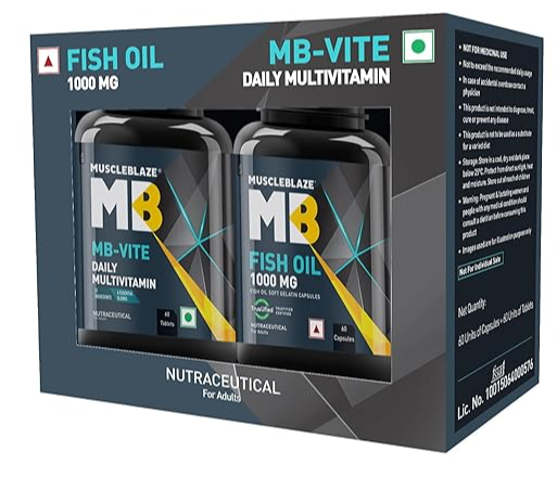 MuscleBlaze MB-Vite Daily Multivitamin with 51 Ingredients & 6 Blends, 60 Tablets with Omega 3 Fish Oil 1000 mg, 60 Fish Oil Capsules (Combo Pack)