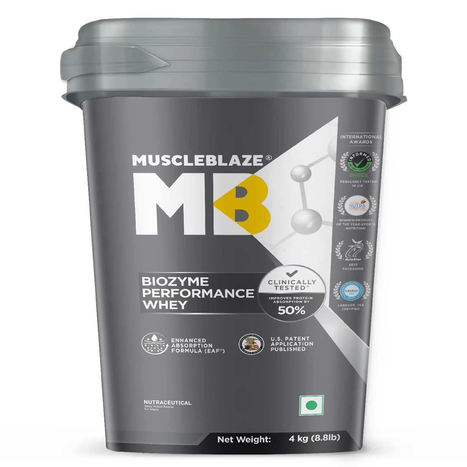 MuscleBlaze Biozyme Performance Whey Protein | Clinically Tested 50% Higher Protein Absorption | Informed Choice UK, Labdoor USA Certified & US Patent Filed EAF® (Rich Chocolate, 4 kg / 8.8 lb)