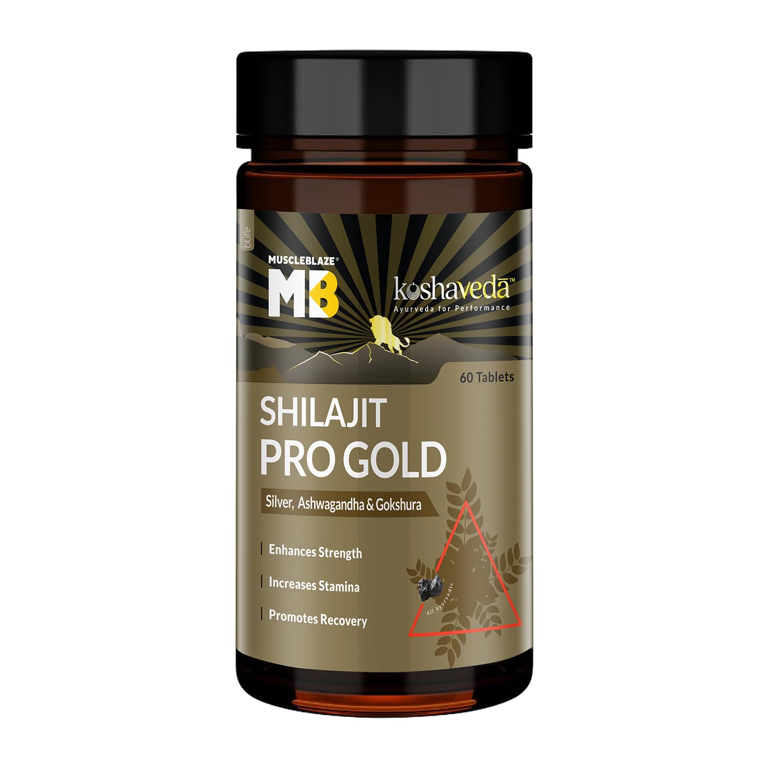 Koshaveda Shilajit Pro Gold by MuscleBlaze | Fortified with 24 Carat Gold, Shilajit, Ashwagandha & Gokshura, For Strength, Stamina & Recovery, 60 Tablets