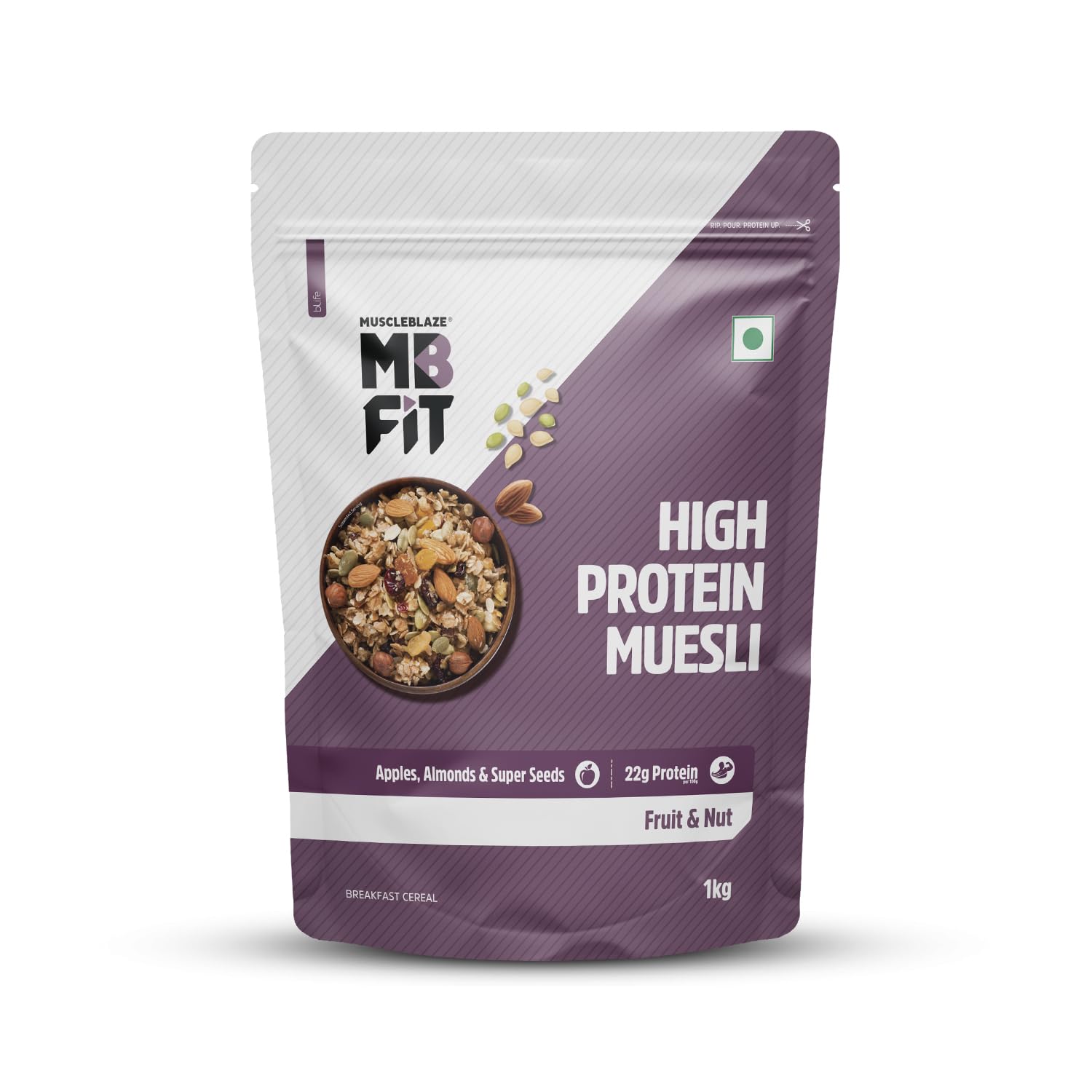 MuscleBlaze Fit High Protein Muesli 1 kg,  22 g Protein, Almonds & Super Seeds, Protein Breakfast Cereals