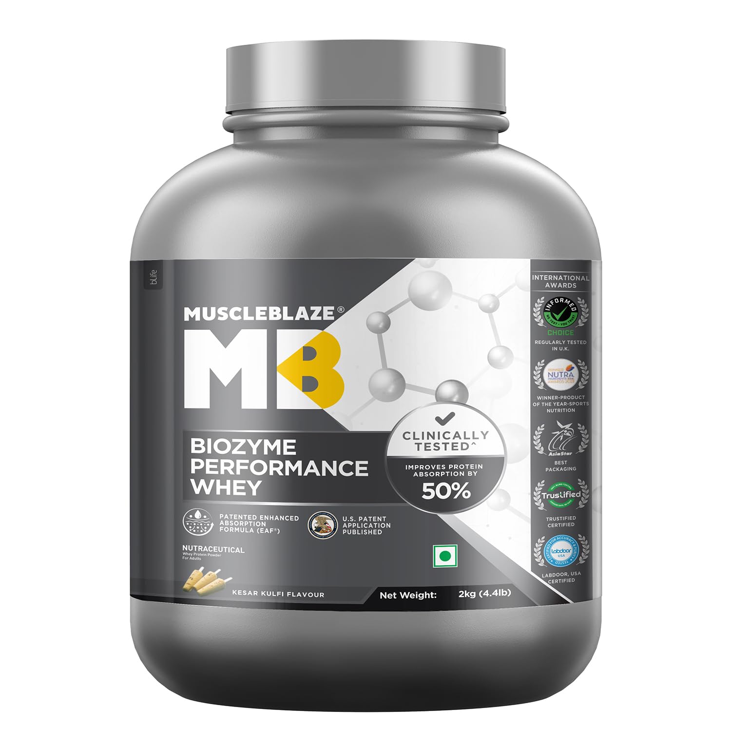 MuscleBlaze Biozyme Performance Whey Protein | Clinically Tested 50% Higher Protein Absorption | Informed Choice UK, Labdoor USA Certified & US Patent Filed EAF®