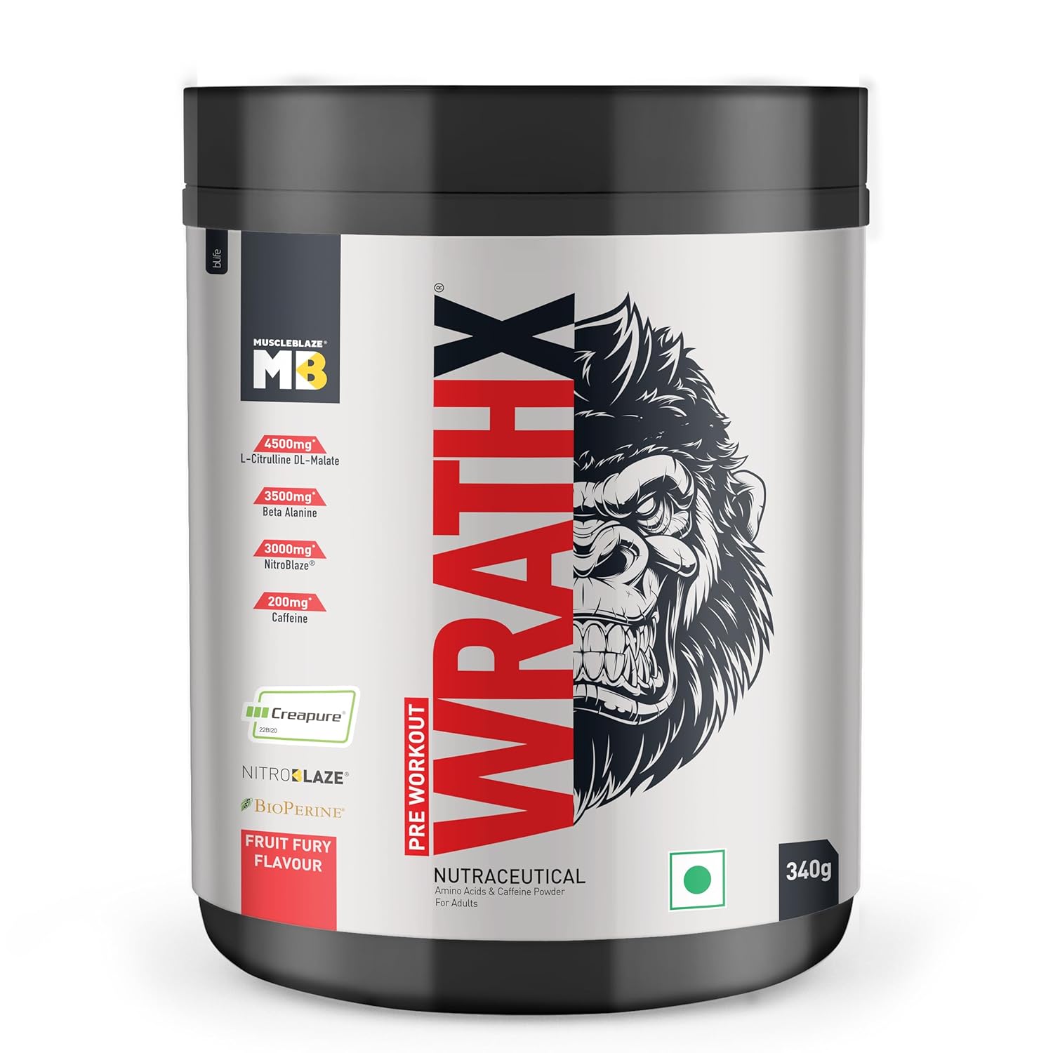 MuscleBlaze Pre Workout Wrathx With Creapure,Nitroblaze & Bioperine (F340 G,20 Servings),Powder,1 Count