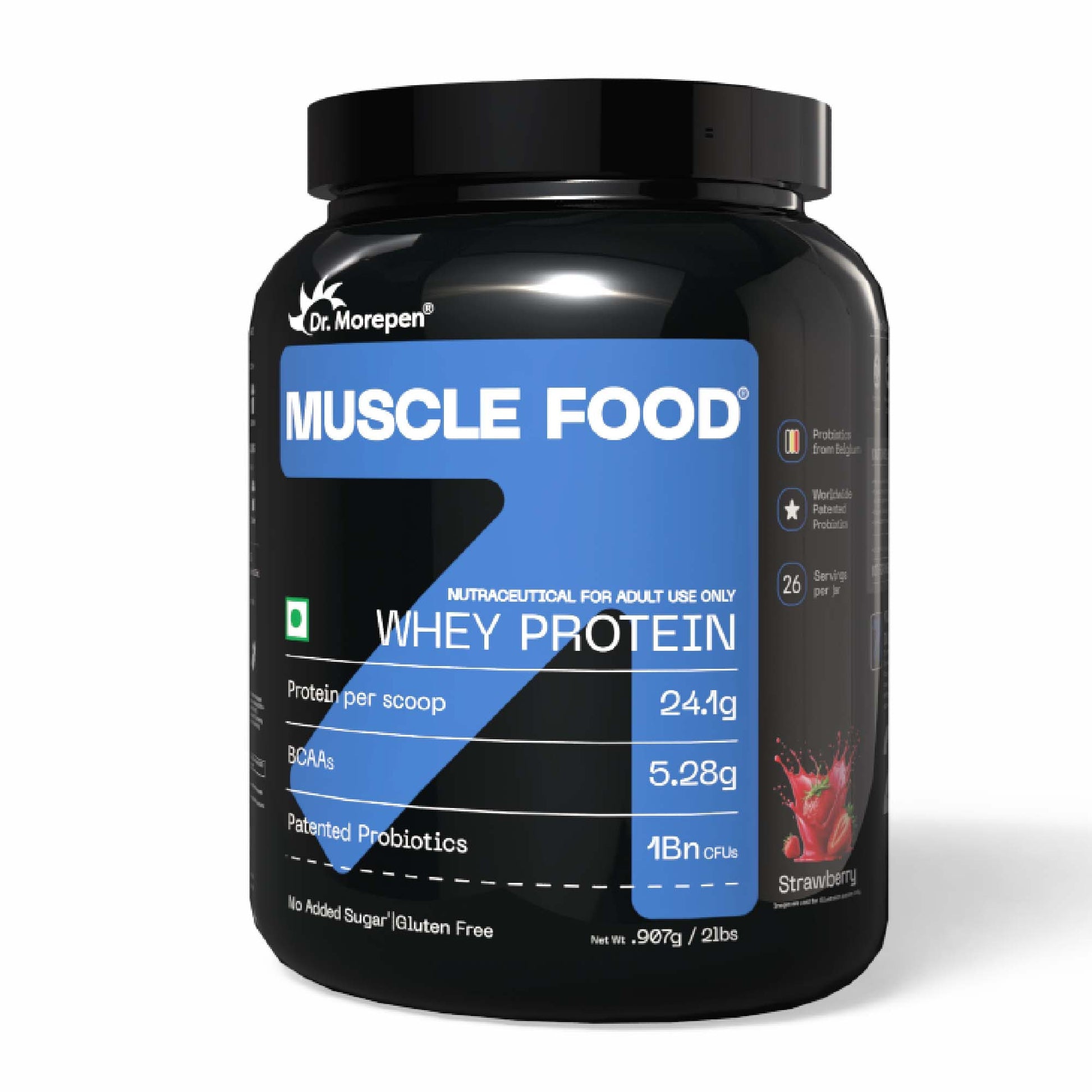 Dr. Morepen Muscle Food 100% Whey Protein Is A Permium, International Grade Protein With Added Probiotics From Belgium