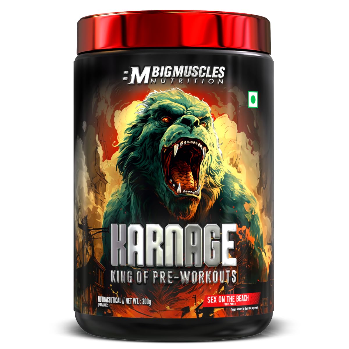 Bigmuscles Nutrition Karnage Pre workout (60 Servings, Sex On the Beach) | Pre-workout Supplement Supports to Improve Focus, Strength, Energy and Pump, Banned Substance Tested, Dope Free, 300g