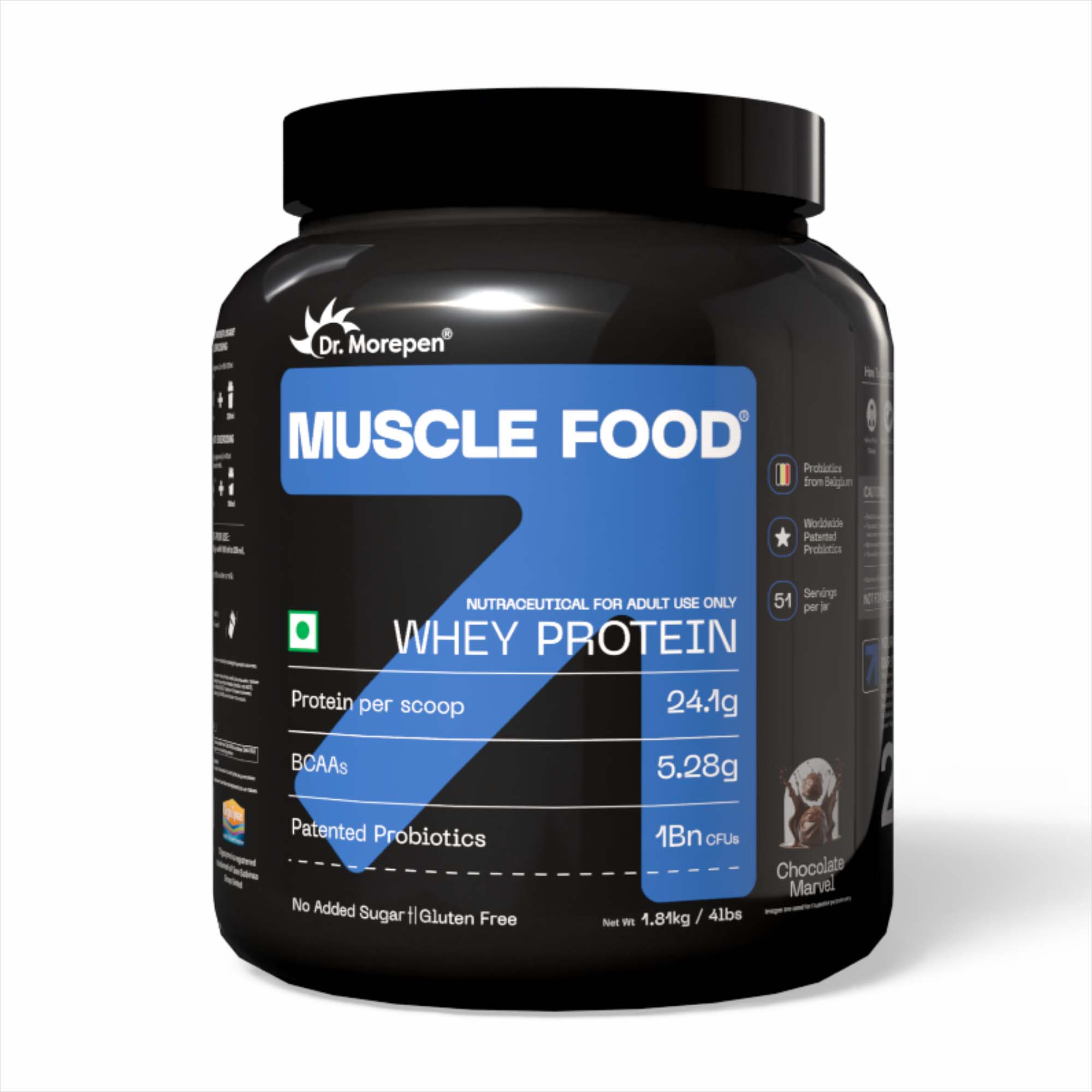 Dr. Morepen Muscle Food 100% Whey Protein Is A Permium, International Grade Protein With Added Probiotics From Belgium