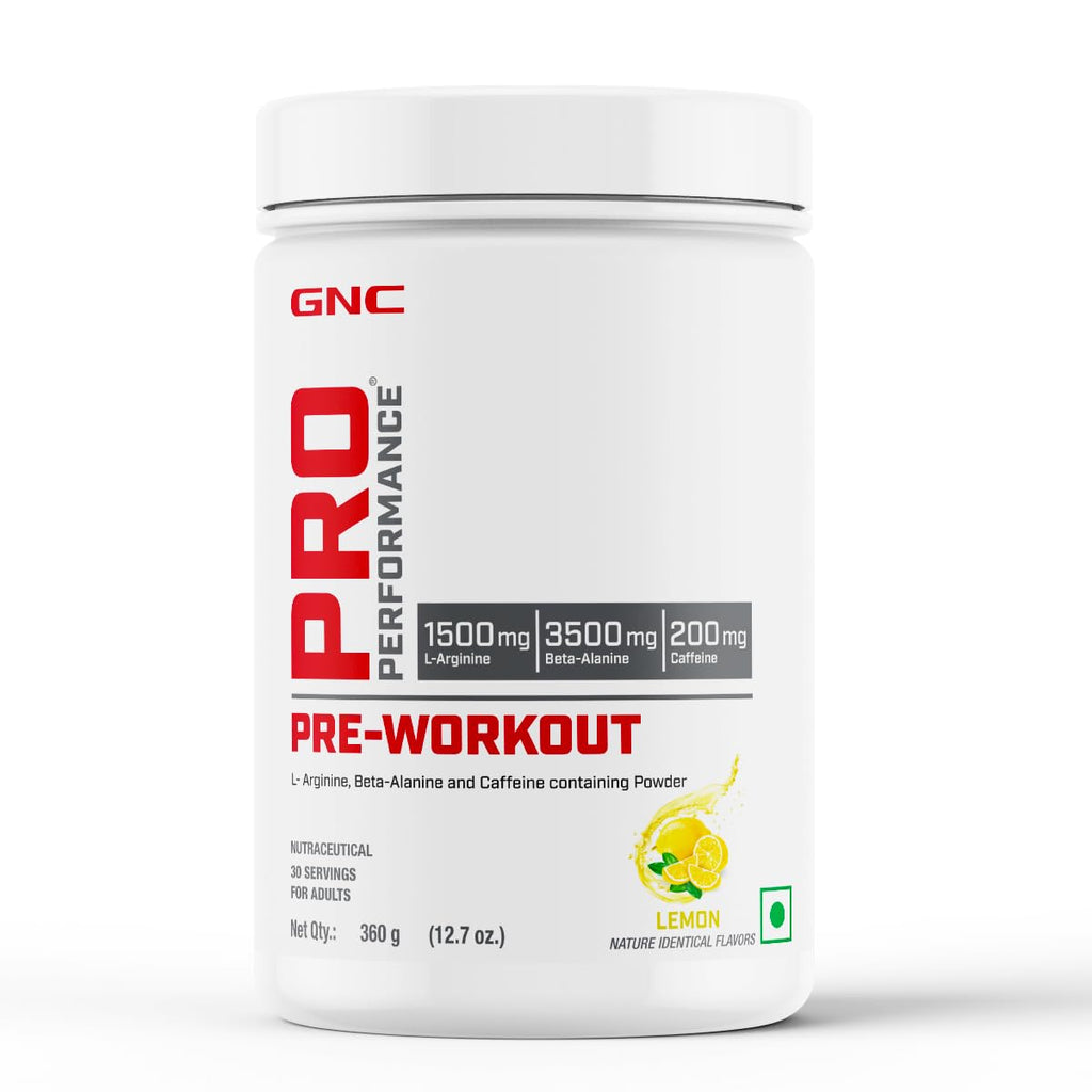 GNC Pro Performance Pre-Workout | 360 gm | 30 Servings | Boosts Energy & Endurance | Improves Focus | Revs Up Recovery | 1.5g L-Arginine | 3.5g Beta-Alanine | 0.2g Caffeine | Lemon