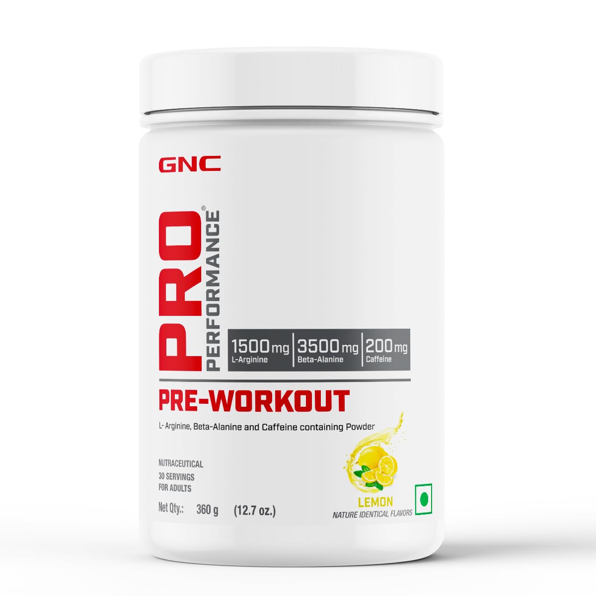 GNC Pro Performance Pre-Workout | 360 gm | 30 Servings | Boosts Energy & Endurance | Improves Focus | Revs Up Recovery | 1.5g L-Arginine | 3.5g Beta-Alanine | 0.2g Caffeine | Lemon