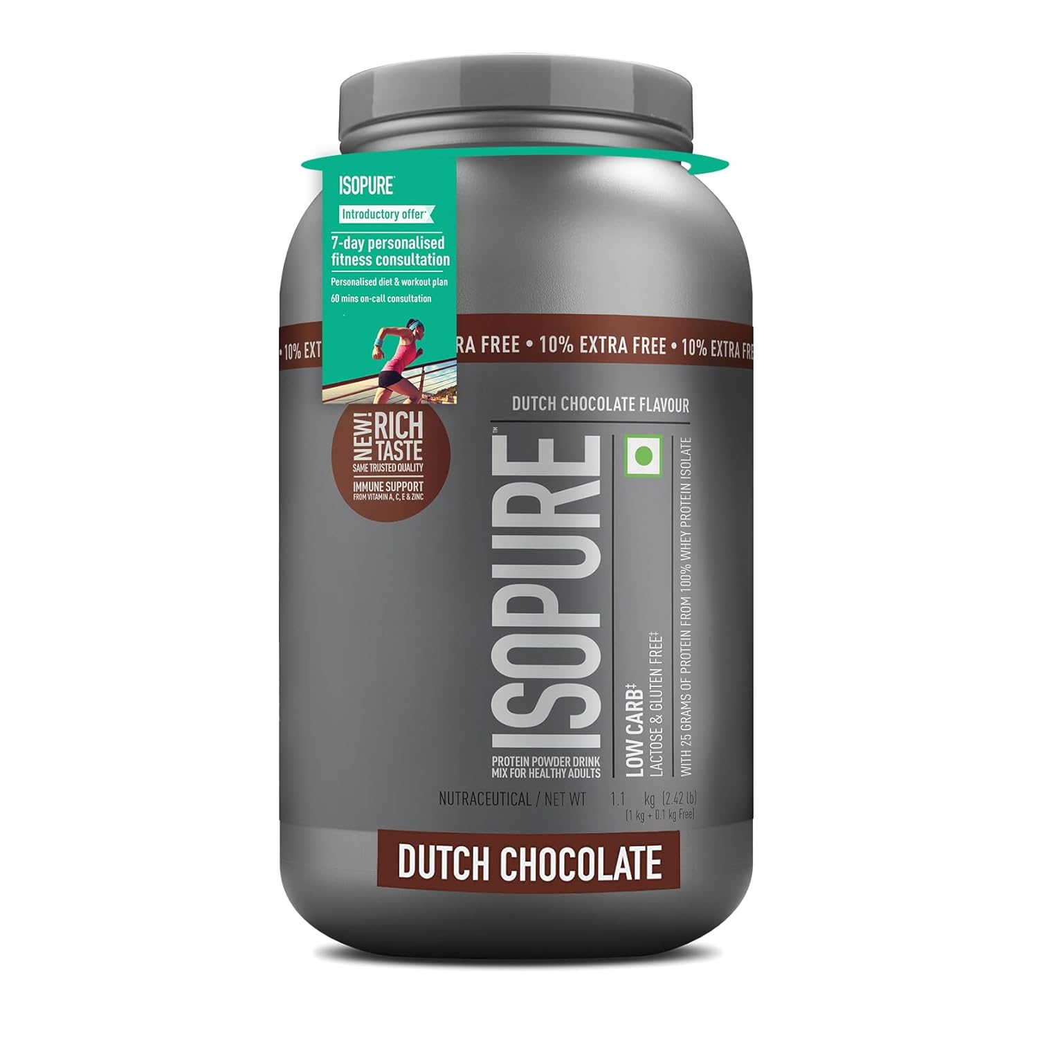 Isopure Offer Pack - 1.1 kg (10% Extra Free), 25g Protein from 100% Whey Protein Isolate, Dutch Choc, Low Carbs, Lactose-Free, Gluten-Free, Veg protein for Men & Women.