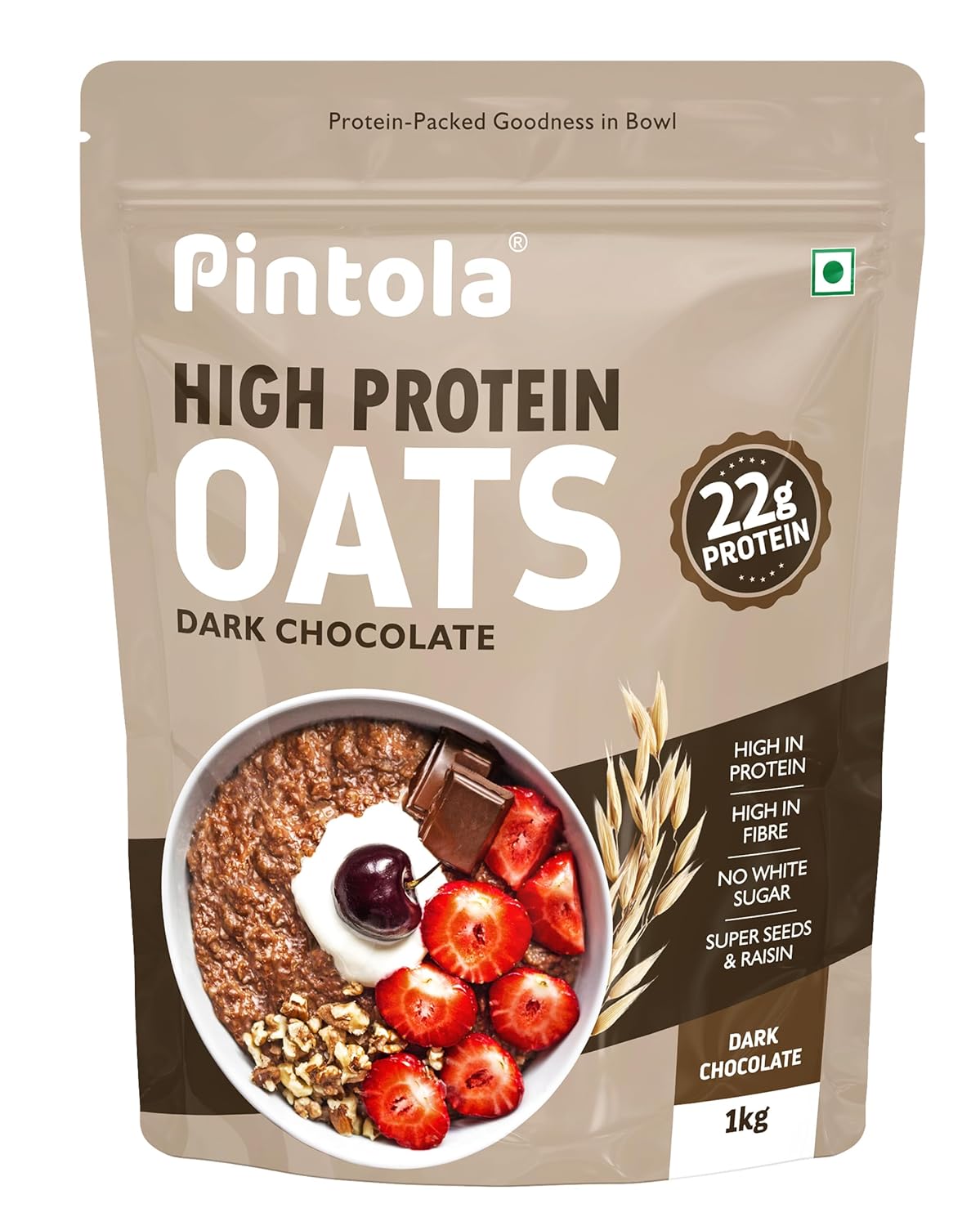 PINTOLA 22g High Protein Oats 1kg, Dark Chocolate,No Refined Sugar, with Almonds Raisin, Pumpkin and Chia Seeds, 8g Fibre, Rolled Oats, Breakfast Cereals | Gluten Free