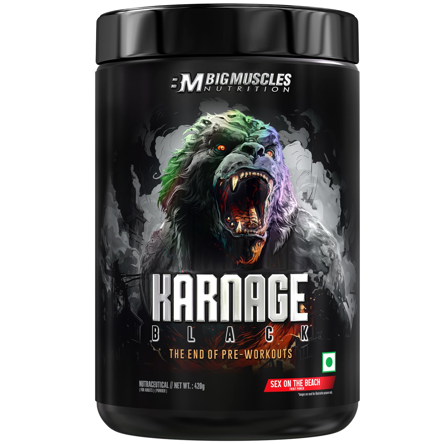 Bigmuscles Nutrition Karnage Black Preworkout [Sex On The Beach, 420g] | Massive Pump | Laser Focus | Explosive Energy | Gorilla Power | No Itching | With Nitrosigine