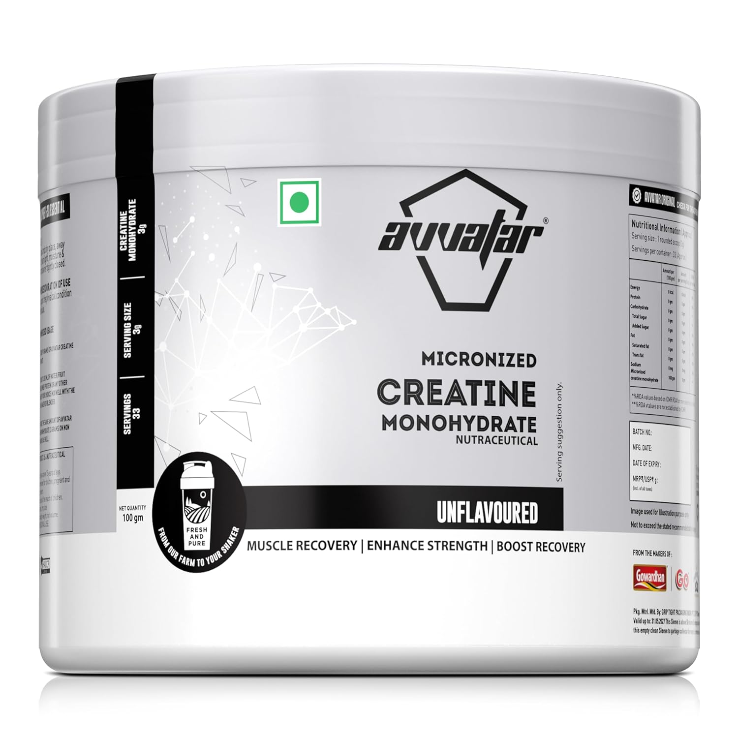 Avvatar Micronized Creatine Monohydrate Powder (100G, 33 Servings) | Unflavoured | Muscle Recovery | Enhance Strength | Boost Recovery