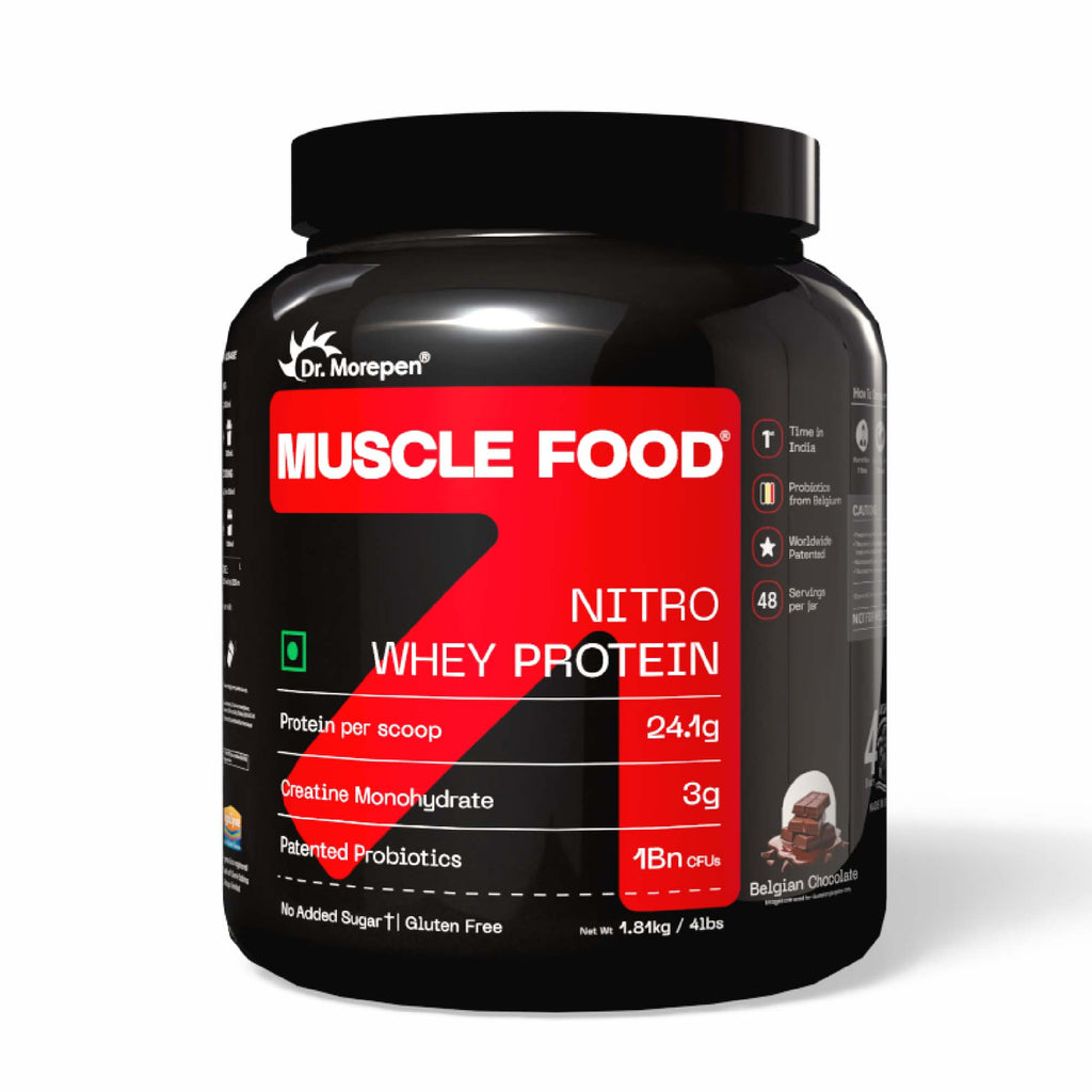 MUSCLEFOOD Nitro Whey Protein Belgian Chocolate (1.81kg) Premium Whey Protein with Probiotics for Lean Muscle Growth