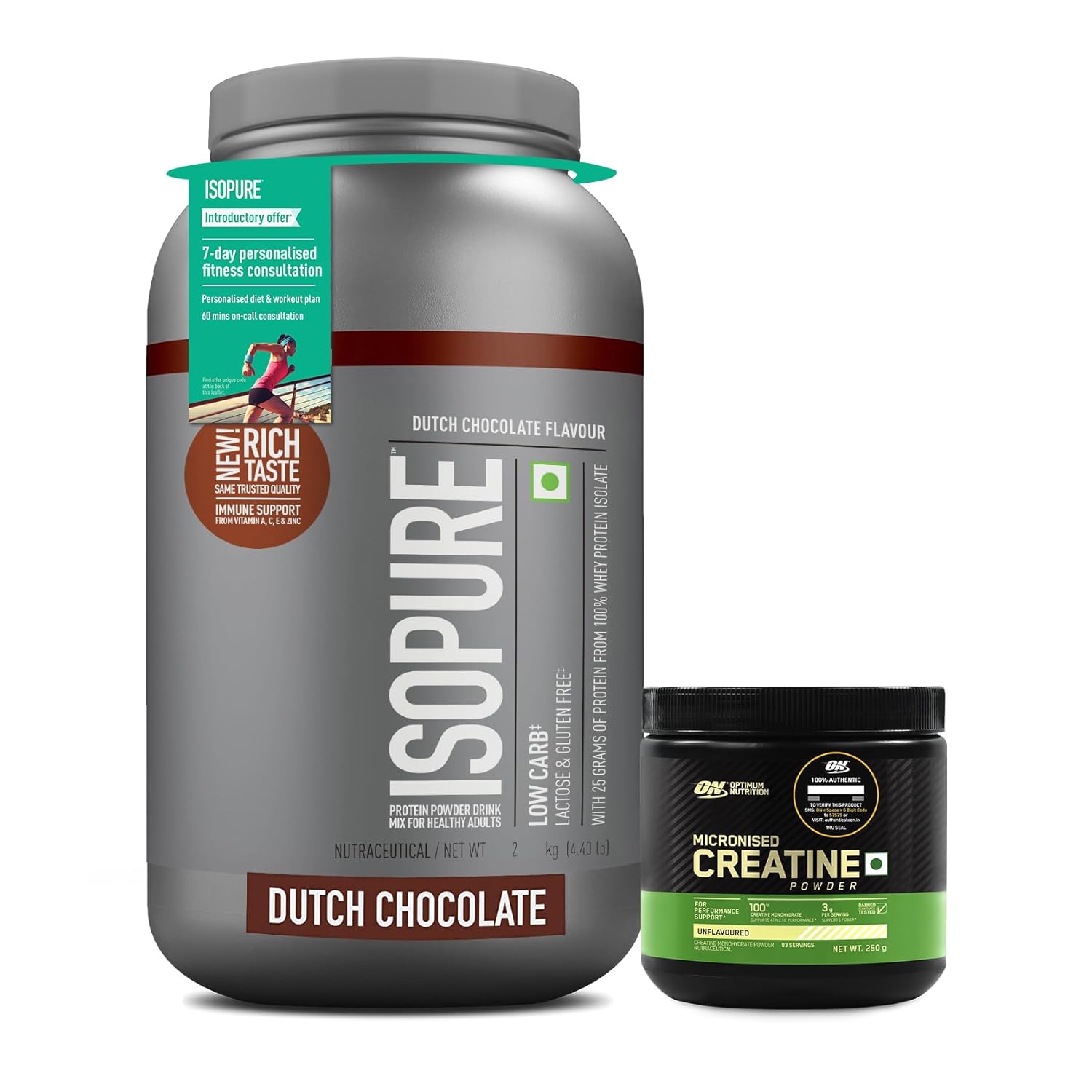 ISOPURE [Whey Protein Isolate Powder, 4.40 lbs/2 Kg  Low carbs, Lactose-Free Vegetarian protein for Men & Women] with FREE Optimum Nutrition Micronised Creatine Powder, 250g