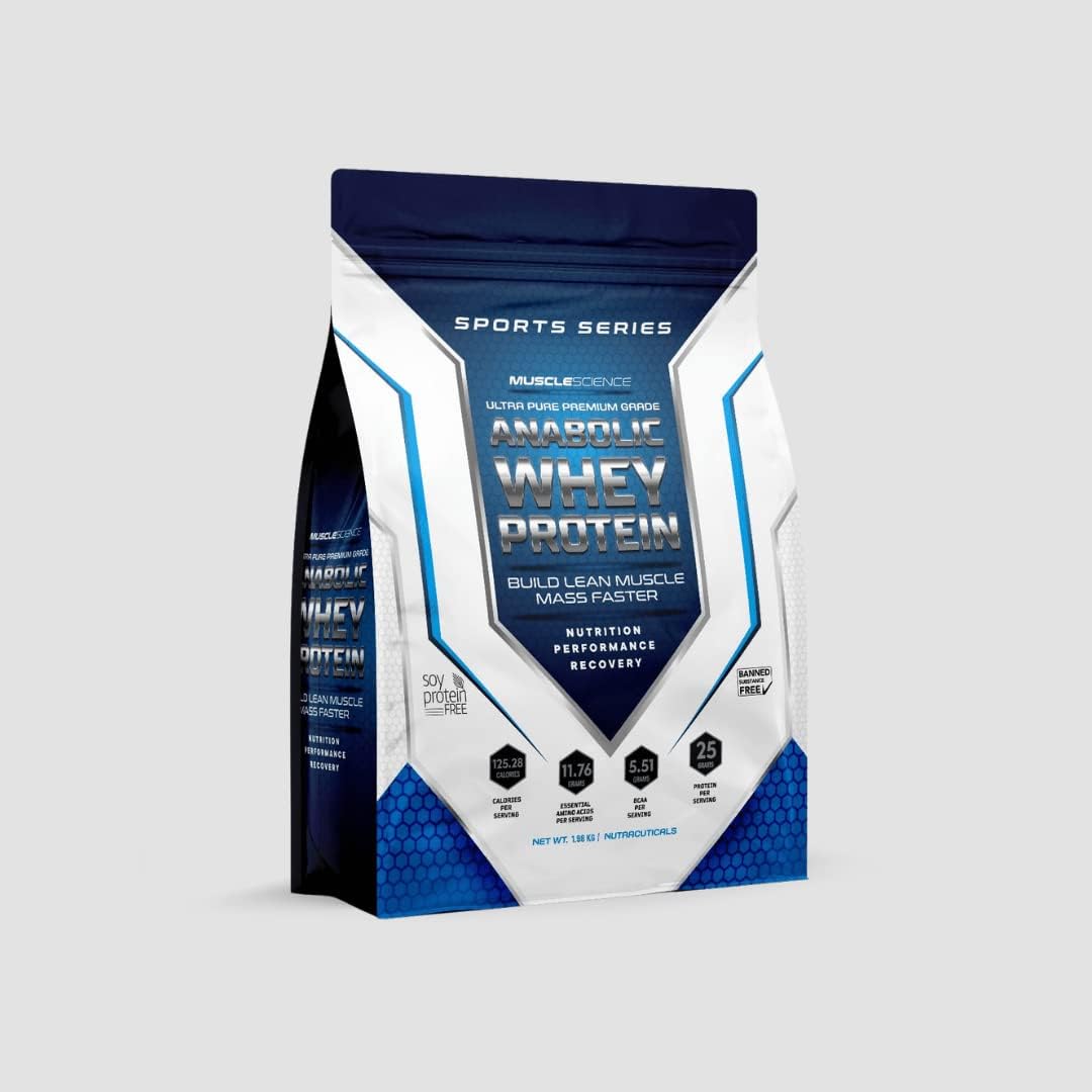 Muscle Science Anabolic Whey Pouch in Pouch -55 Pouches With 24g Protein/Scoop | 5.5 g BCAA | 11.75g EAA | Zero Added Sugar | Digestive Enzymes - 2Kg