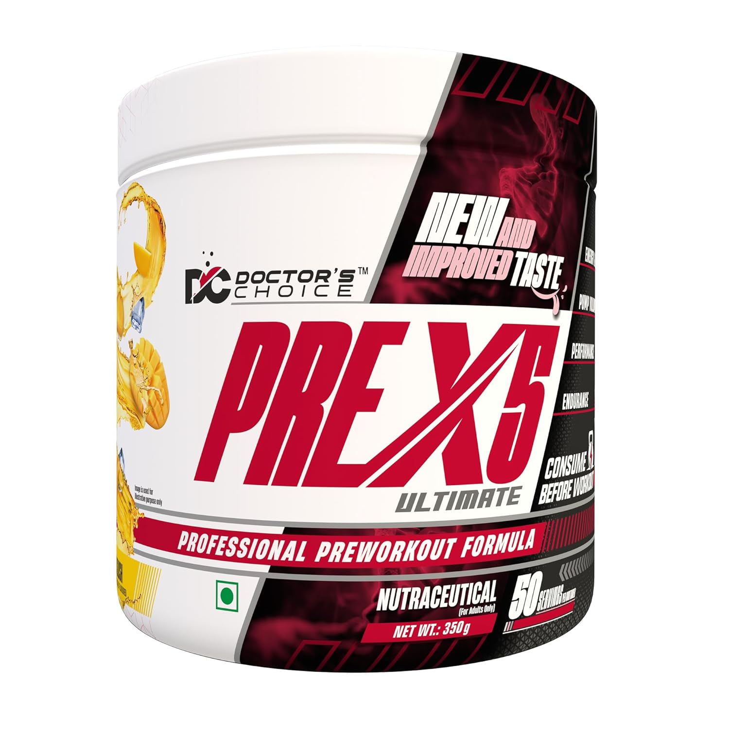 Doctor's Choice PRE-X5 Ultimate Professional Pre-Workout Formula,  350 g Powder, USA FDA REGD 50 Serving