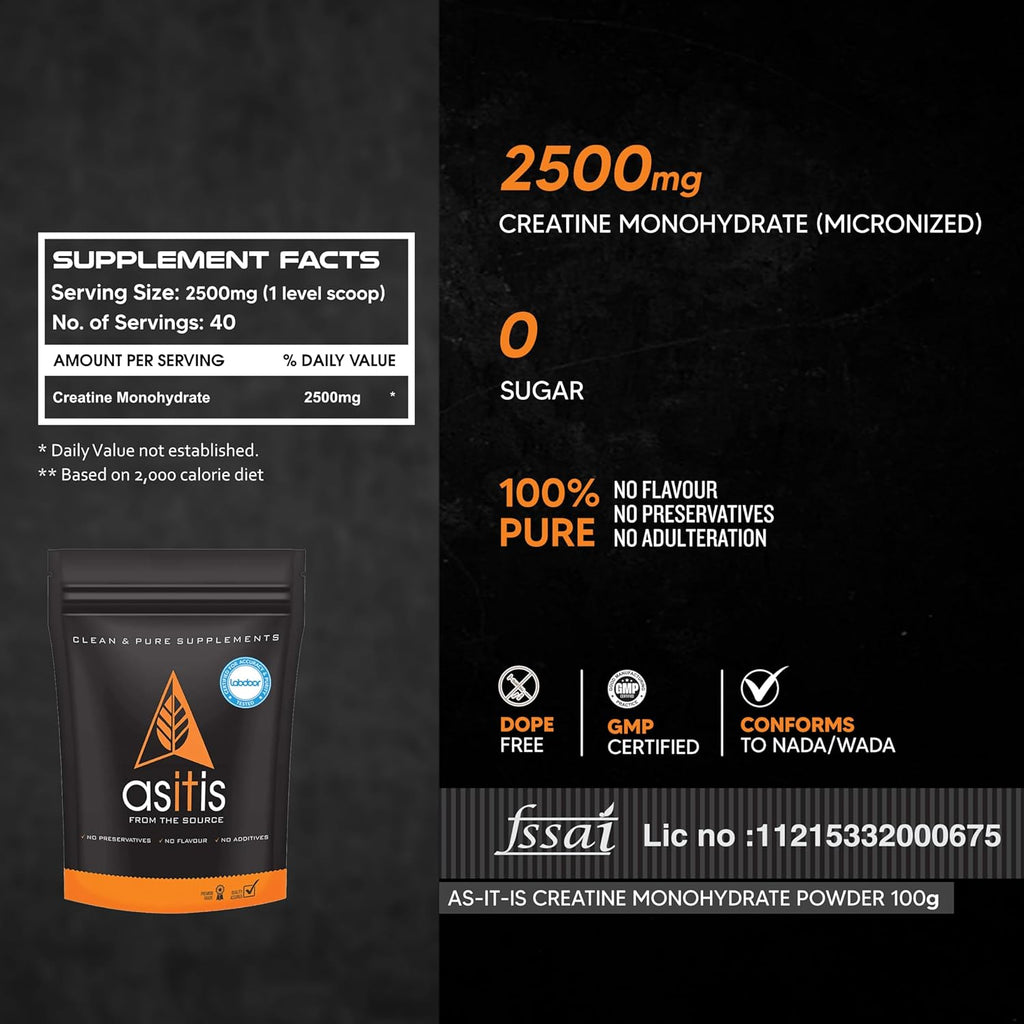 AS-IT-IS Nutrition 100% Creatine Monohydrate, Pure 2.5g Micronized Powder with Rapid Dissolution & Absorption, USA Labdoor Certified for Accuracy & Purity, Supports Performance & Recovery- Unflavored, Single Ingredient