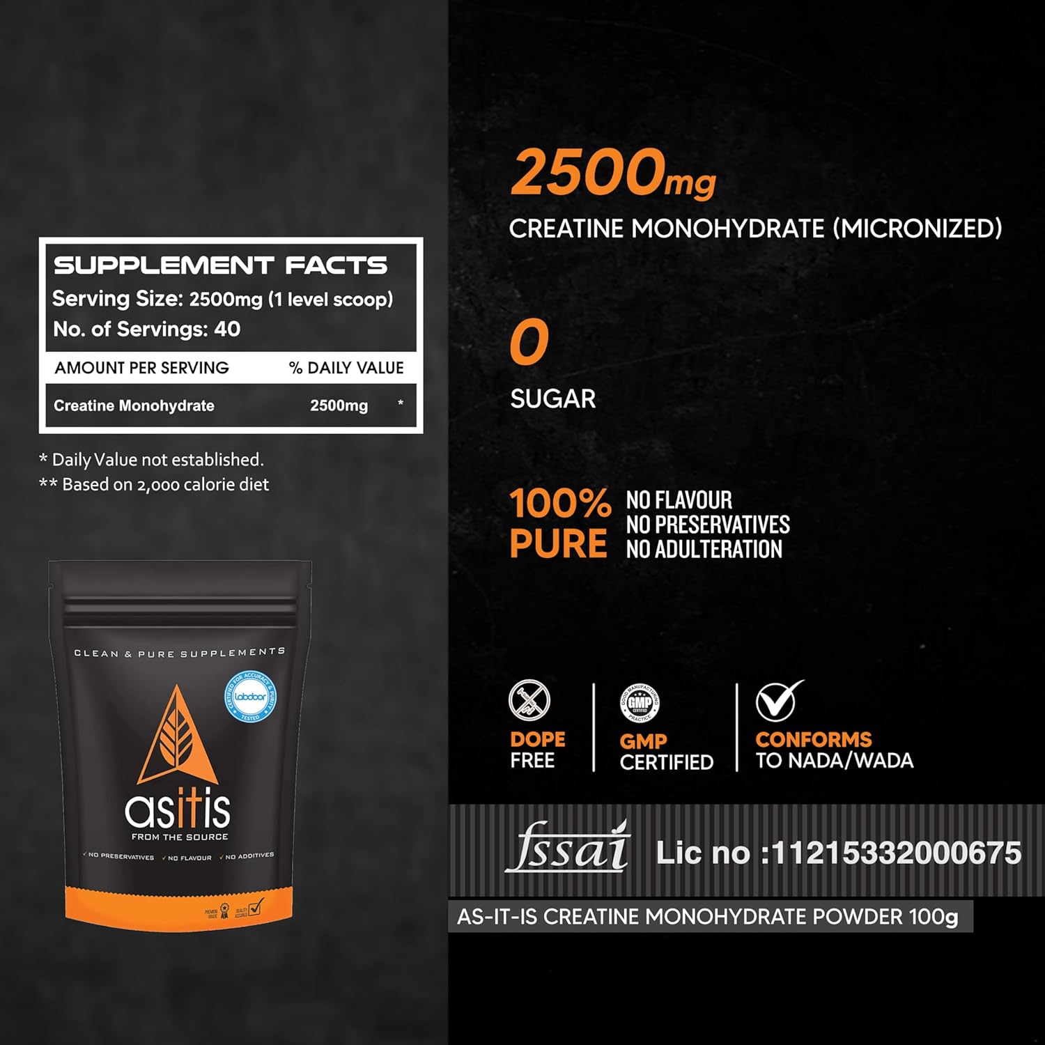 AS-IT-IS Nutrition 100% Creatine Monohydrate, Pure 2.5g Micronized Powder with Rapid Dissolution & Absorption, USA Labdoor Certified for Accuracy & Purity, Supports Performance & Recovery- Unflavored, Single Ingredient