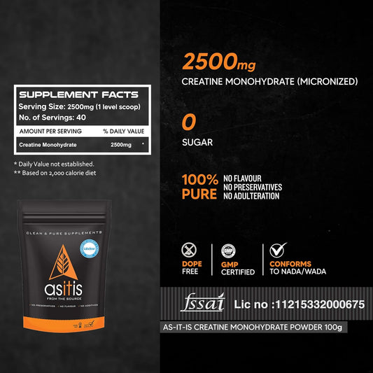 AS-IT-IS Nutrition 100% Creatine Monohydrate, Pure 2.5g Micronized Powder with Rapid Dissolution & Absorption, USA Labdoor Certified for Accuracy & Purity, Supports Performance & Recovery- Unflavored, Single Ingredient