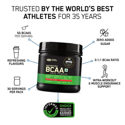 Optimum Nutrition BCAA, 5g BCAAs in 2:1:1 Ratio, 30 servings, For Muscle Recovery & Endurance, Intra workout, Informed Choice certified  250gm