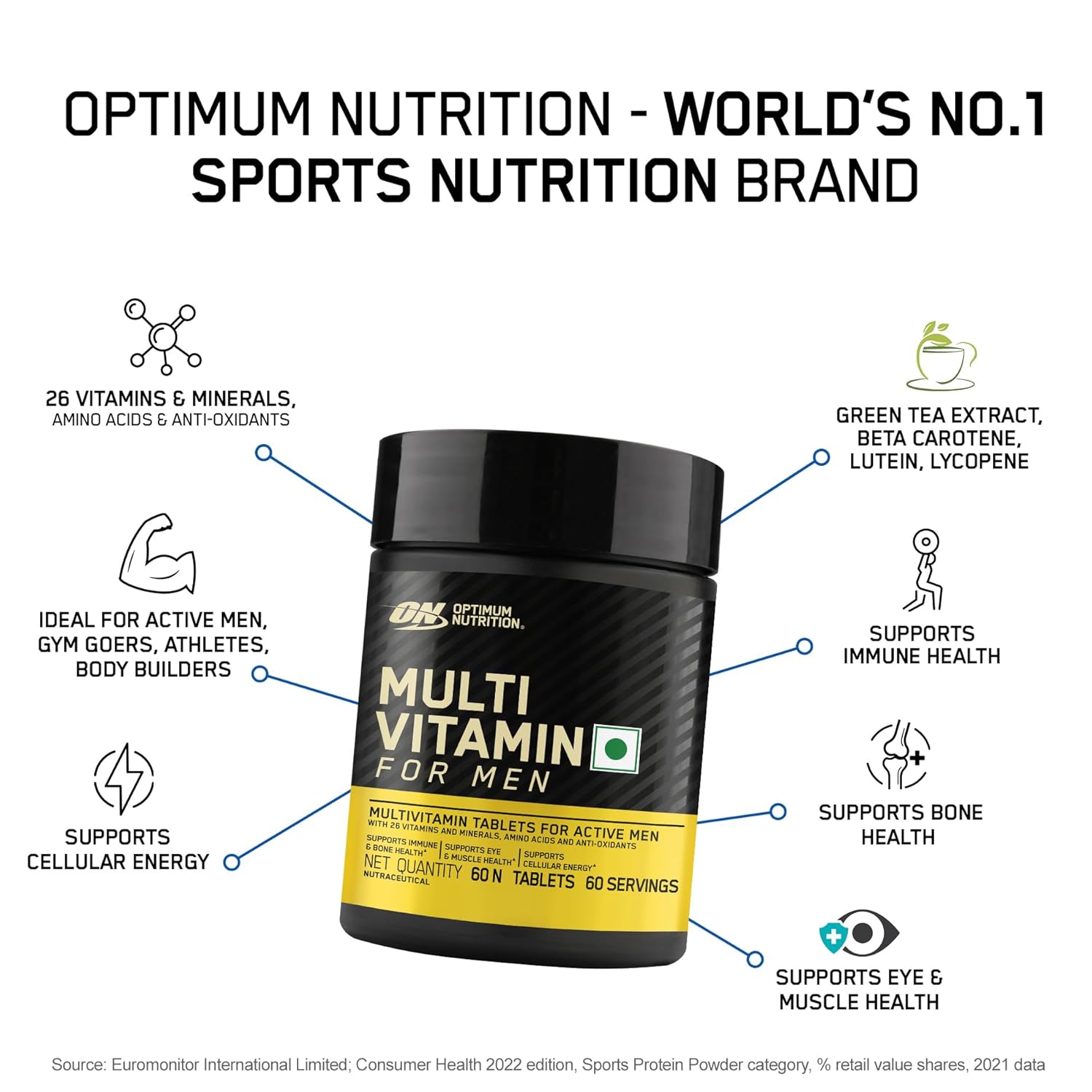 Optimum Nutrition (ON) Multivitamin for MEN– 60 Tablets, 26 Vitamins & Minerals, Amino Acids & Anti-Oxidants (Green Tea Extract, Beta Carotene, Lutein, Lycopene). Vegetarian.