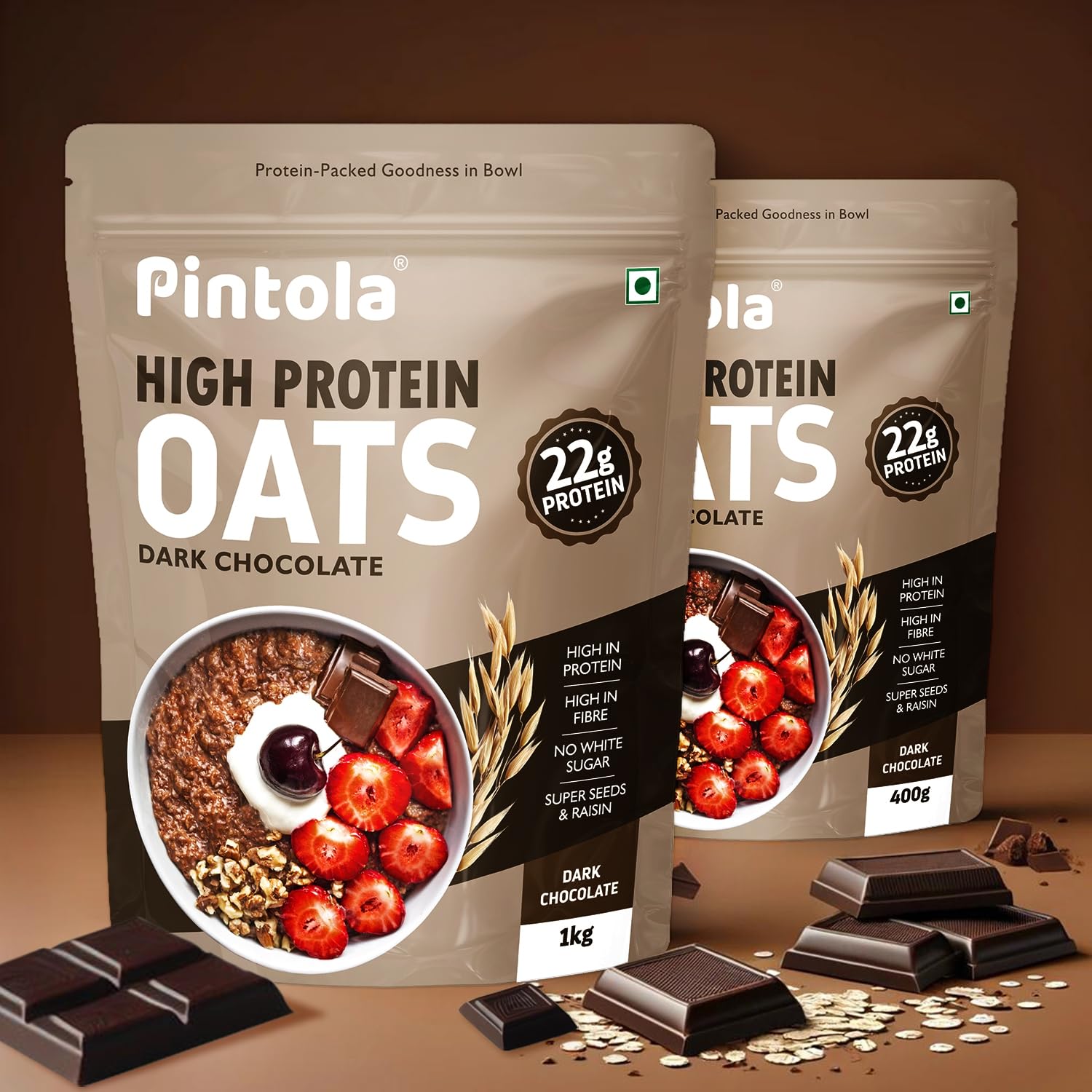 PINTOLA 22g High Protein Oats 1kg, Dark Chocolate,No Refined Sugar, with Almonds Raisin, Pumpkin and Chia Seeds, 8g Fibre, Rolled Oats, Breakfast Cereals | Gluten Free