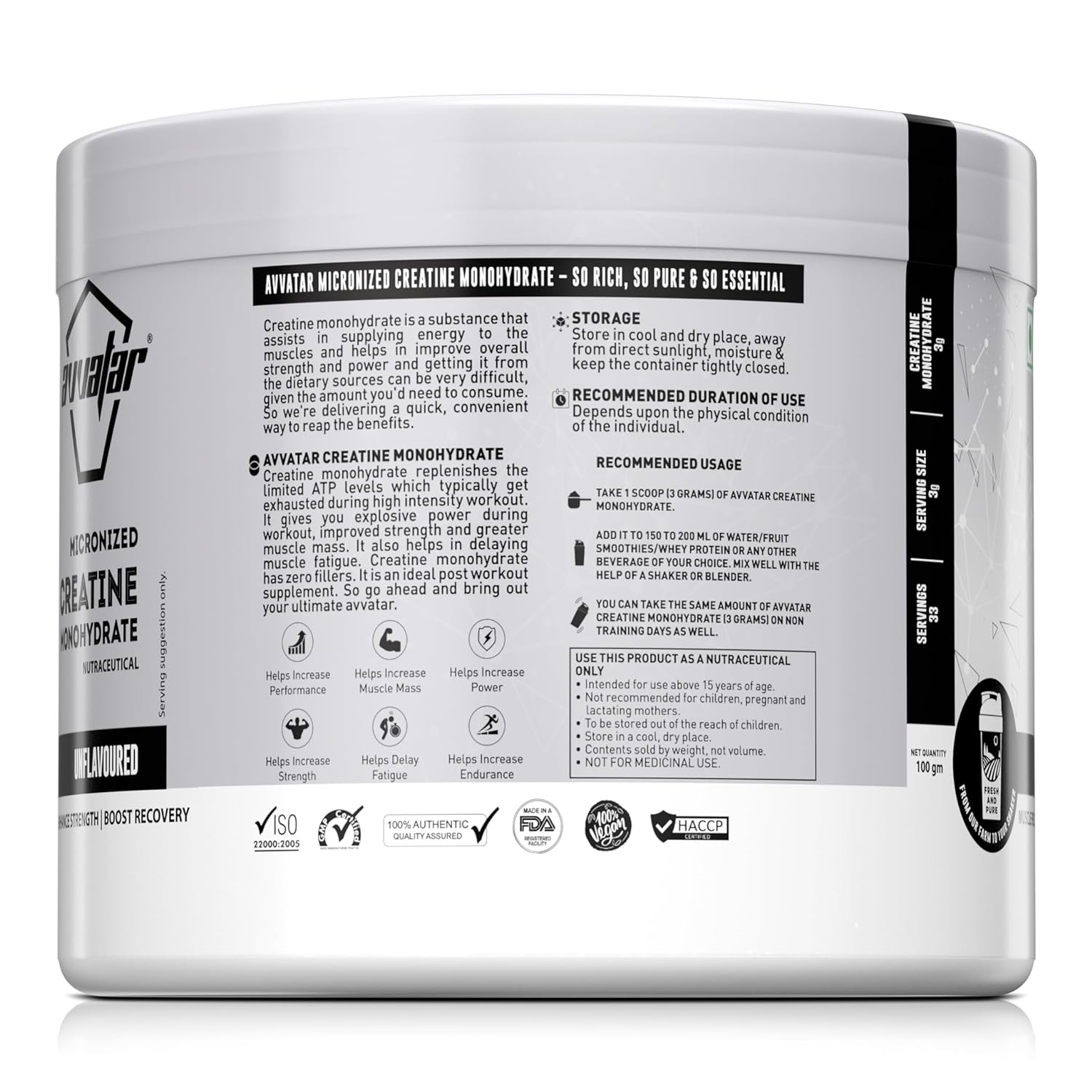 Avvatar Micronized Creatine Monohydrate Powder (100G, 33 Servings) | Unflavoured | Muscle Recovery | Enhance Strength | Boost Recovery