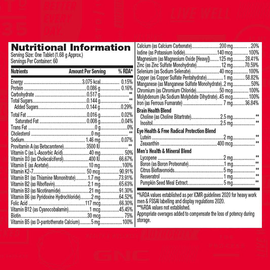 GNC Mega Men One Daily Multivitamin | 60 Tablets | 32 Premium Ingredients | Promotes Men's Well-Being | Supports Muscle Function | Boosts Immunity | Improves Memory & Focus | Formulated In USA