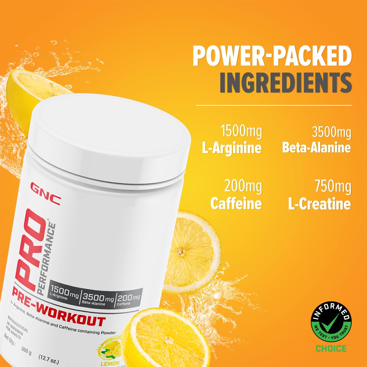 GNC Pro Performance Pre-Workout | 360 gm | 30 Servings | Boosts Energy & Endurance | Improves Focus | Revs Up Recovery | 1.5g L-Arginine | 3.5g Beta-Alanine | 0.2g Caffeine | Lemon