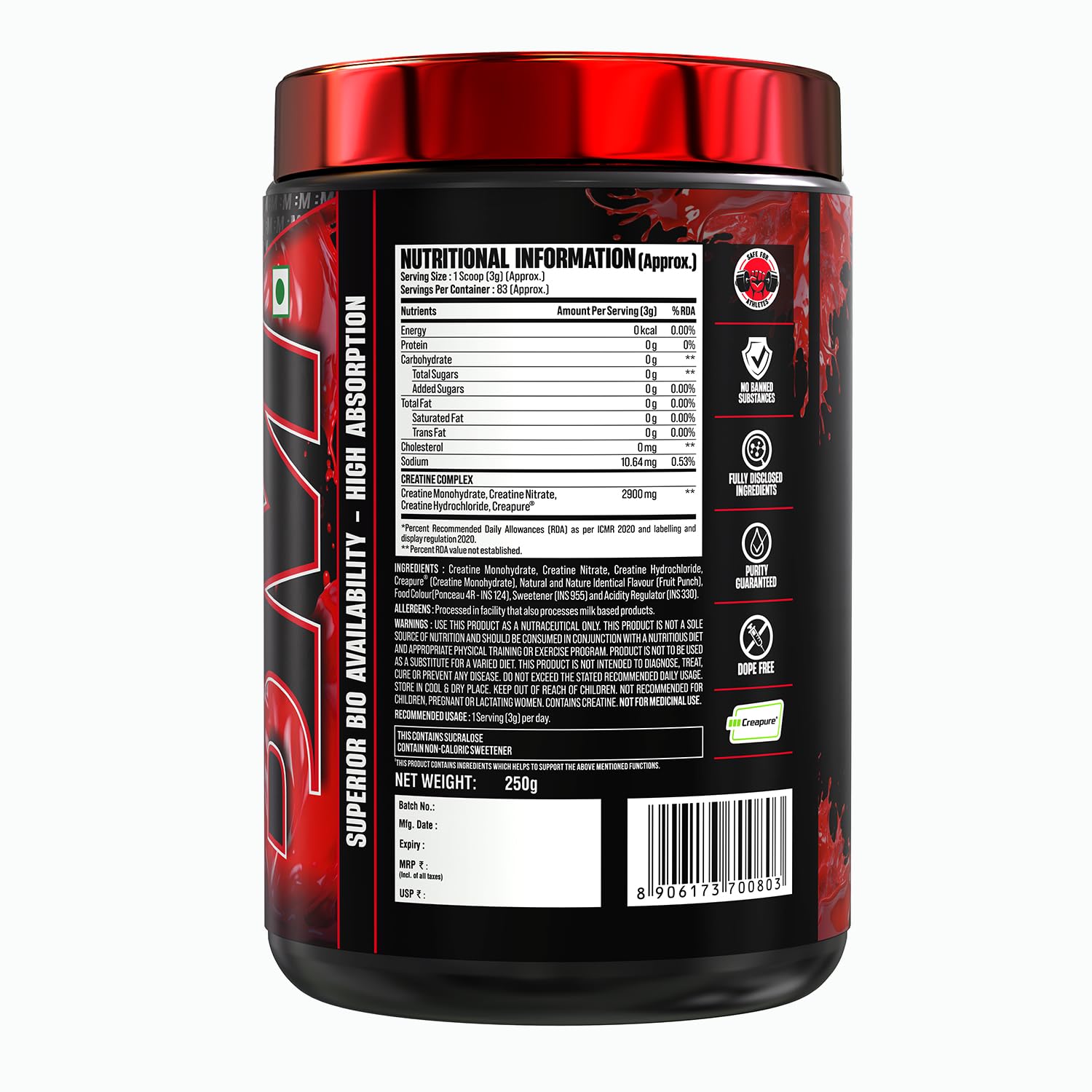 Bigmuscles Nutrition Creagen   4 In 1 Creatine Complex: Creatine Monohydrate, Creapure, Creatine Nitrate & Creatine Hydrocloride, Absorption & Dope Free Powder