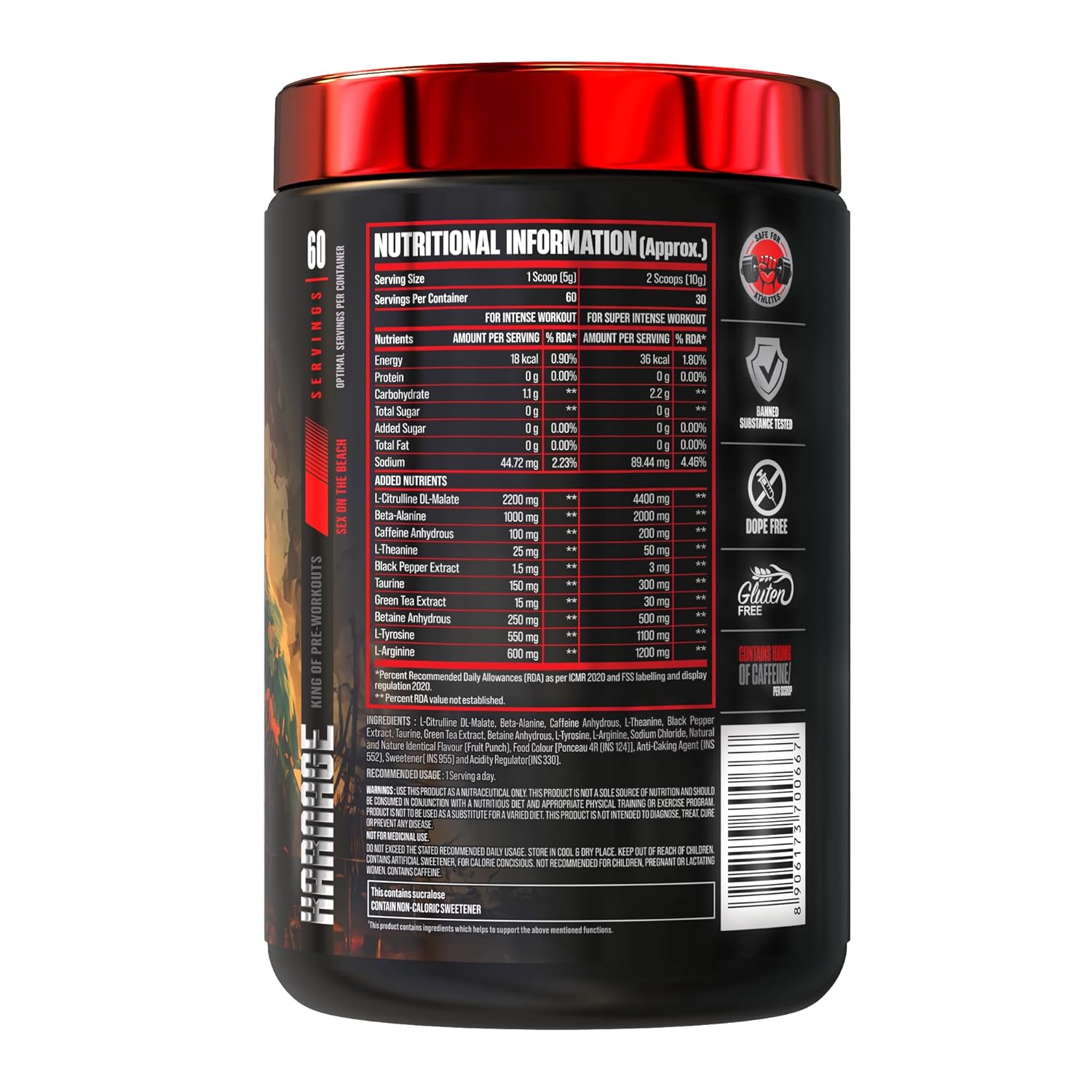 Bigmuscles Nutrition Karnage Pre workout (60 Servings, Sex On the Beach) | Pre-workout Supplement Supports to Improve Focus, Strength, Energy and Pump, Banned Substance Tested, Dope Free, 300g