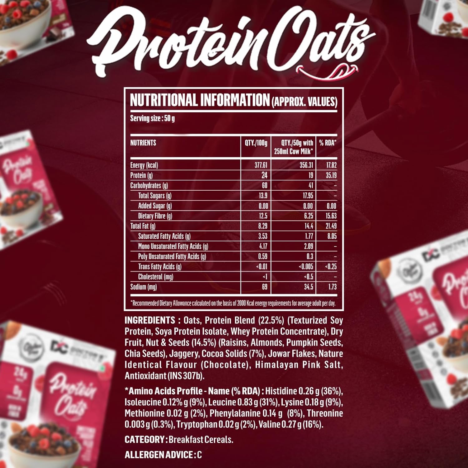 DOCTORS CHOICE Oats, High Protein Oats, 24g Pure Protein Breakfast Cereals, Jaggery Sweetened, Rich in Fiber, No Additives and 0g Sugar. (750g, Dark Choco Berry)