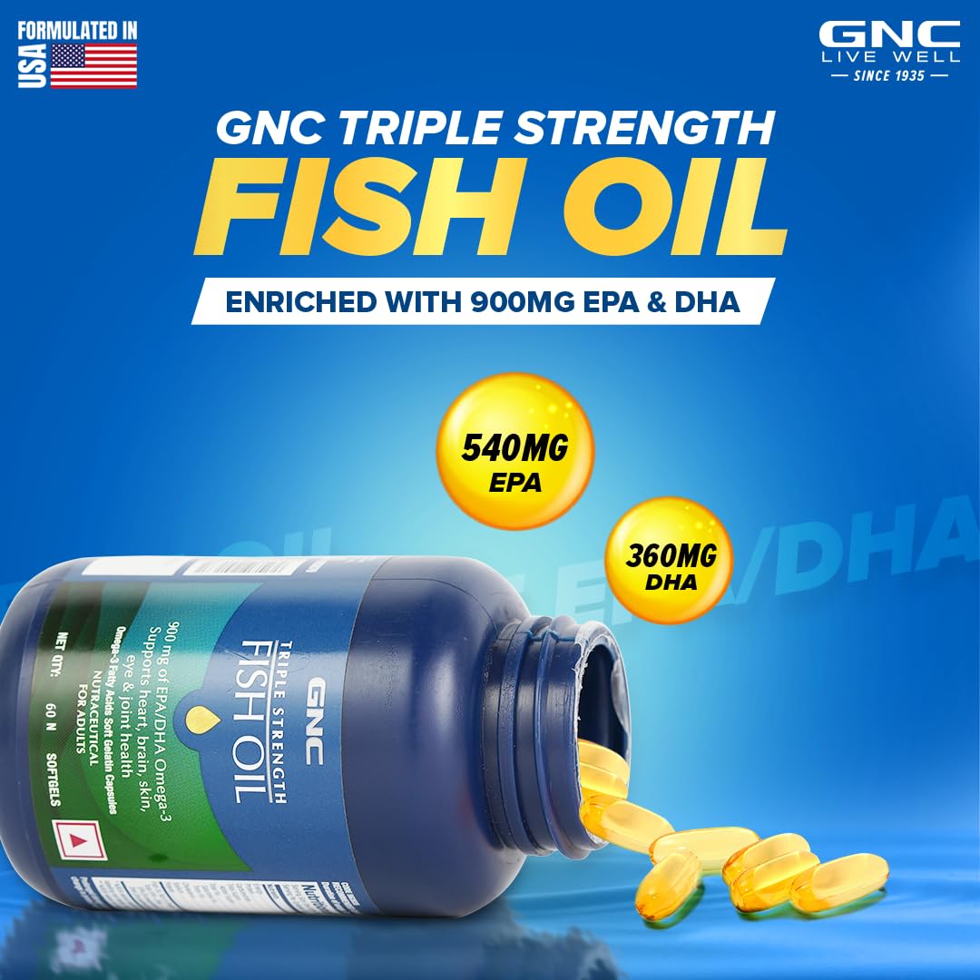 GNC 1500 Mg Triple Strength Fish Oil Mini Omega 3 Softgels For Men & Women,60 Mini Softgels,540 Mg Epa & 360 Mg Dha,Improves Memory,Protects Vision,No Fishy Burps,For Men & Women,Formulated In Usa