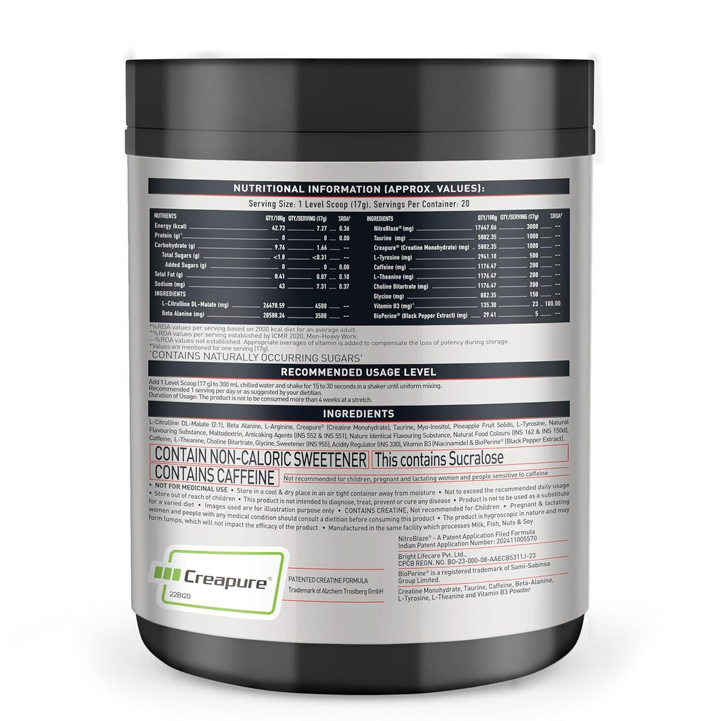 MuscleBlaze Pre Workout Wrathx With Creapure,Nitroblaze & Bioperine (F340 G,20 Servings),Powder,1 Count